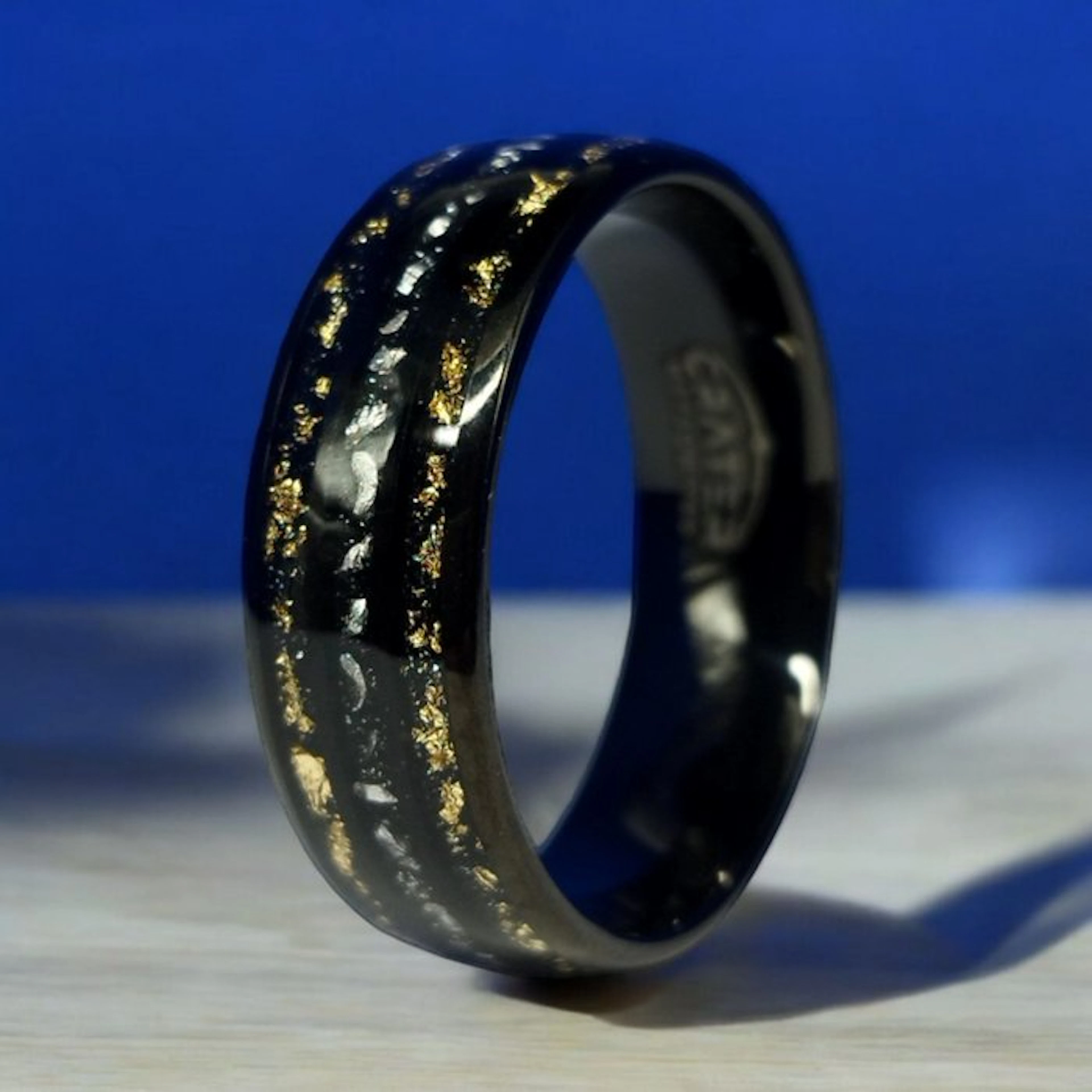 TUNGSTEN RING with METEORITE & GOLD INLAYS