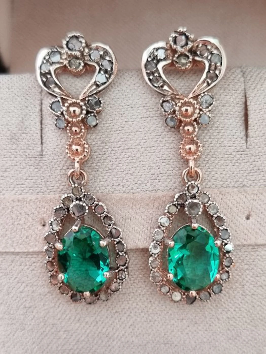 No reserve price - Earrings - 9 kt. Silver, Rose gold Emerald - Diamond