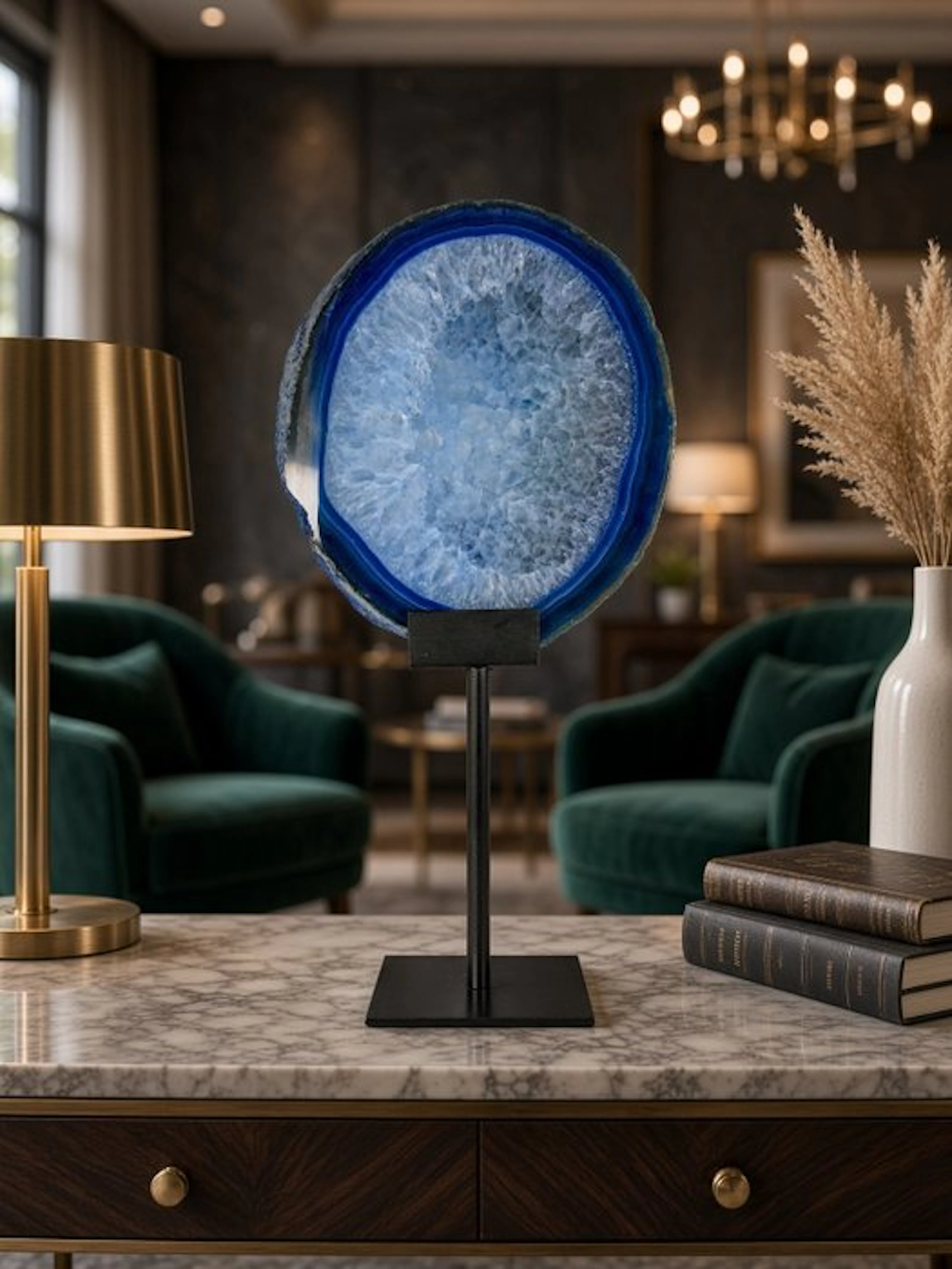 Rare blue Agate - rock crystal geode on stand Geode...