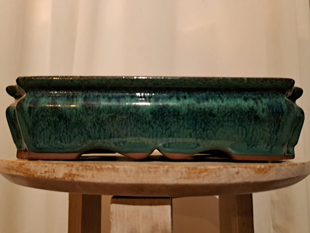 Bonsai dish - 21.5 cm x 16.5 cm x 5.5 cm - green glazed...