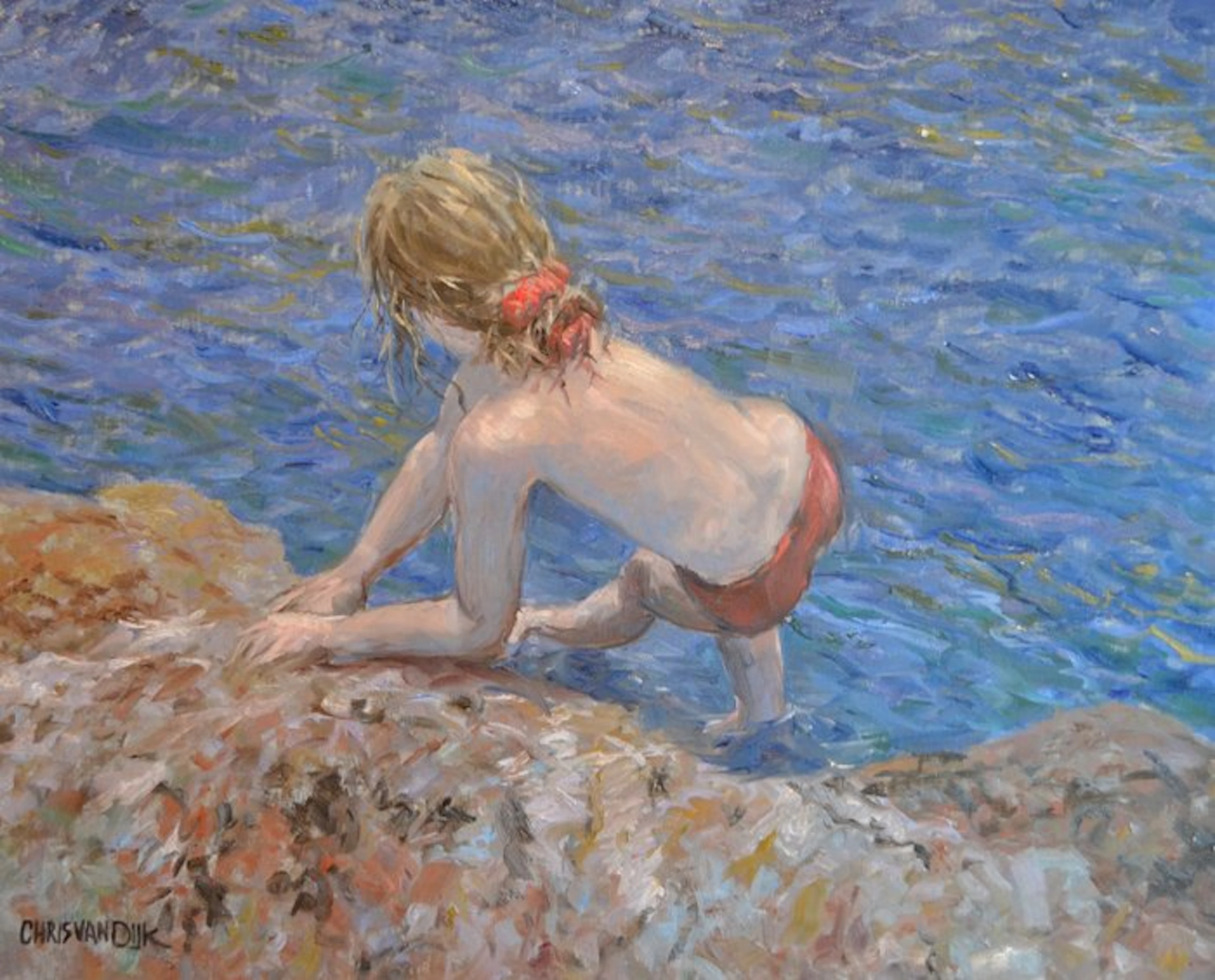 Chris van Dijk (1952) Impressionist - " Une fille s'accroche à des rocher"