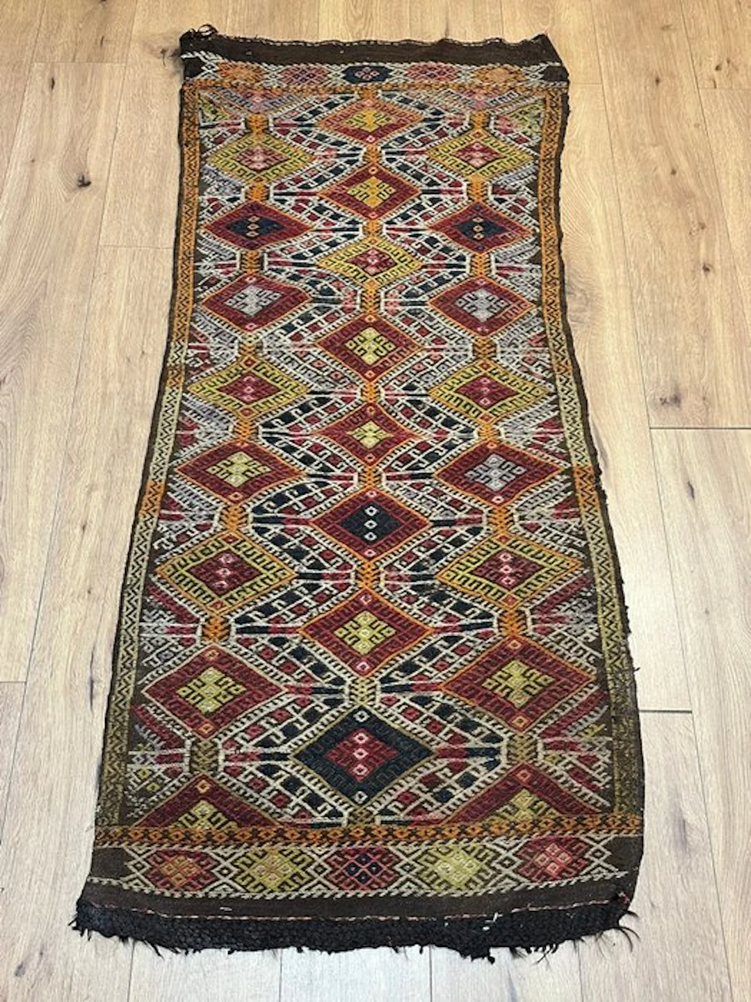 Beautiful antique Sumakh Kilim runner with a geometric diamond pattern