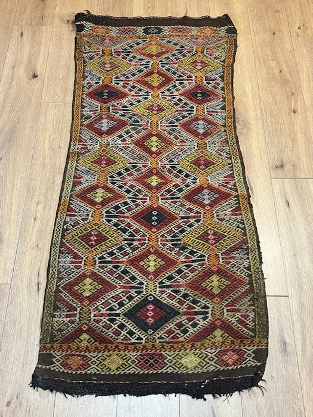 Beautiful antique Sumakh Kilim runner with a geometric diamond pattern