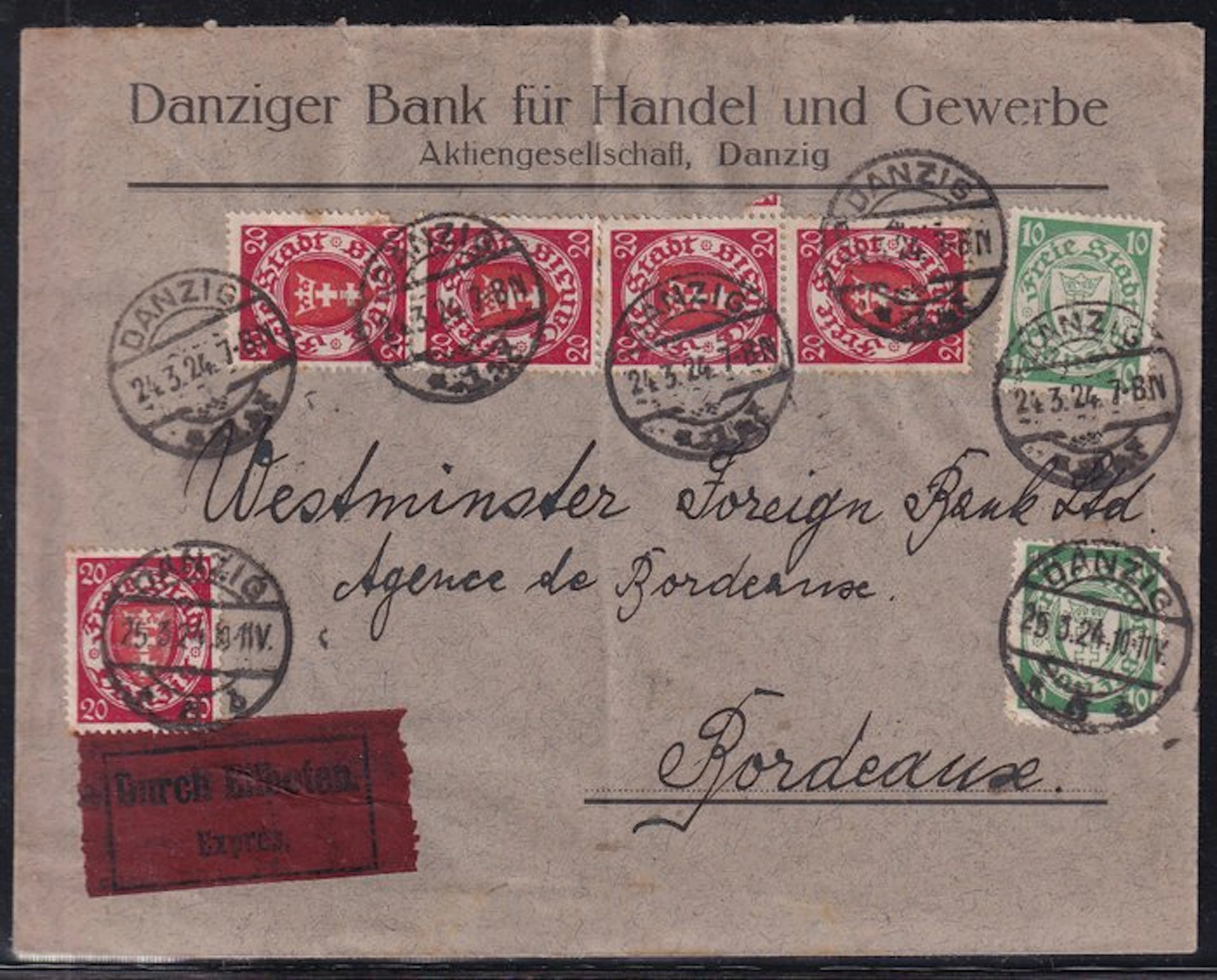 Danzig 1924 - Bank letter by express messenger