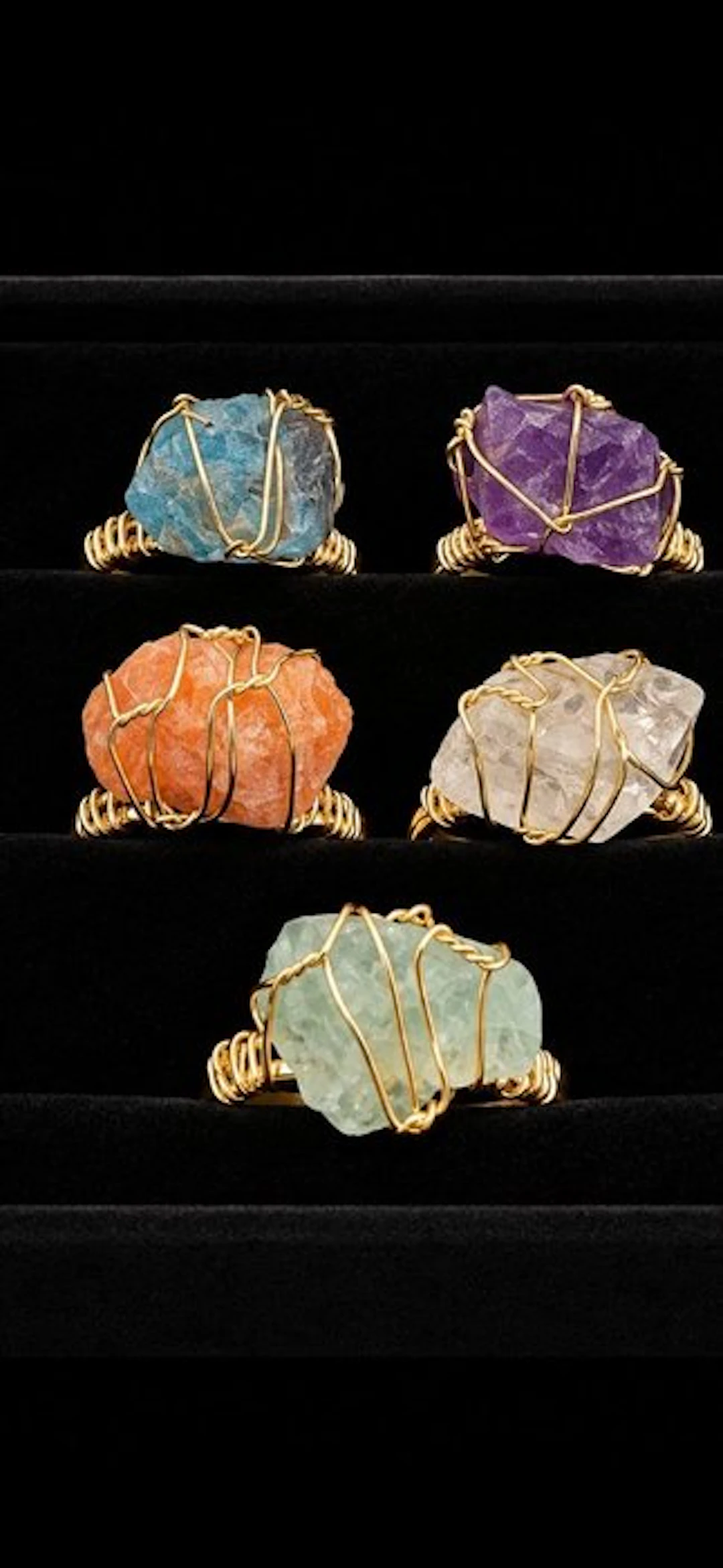 Very beautiful set of 5 rings with natural minerals in raw form - Rings - Ring