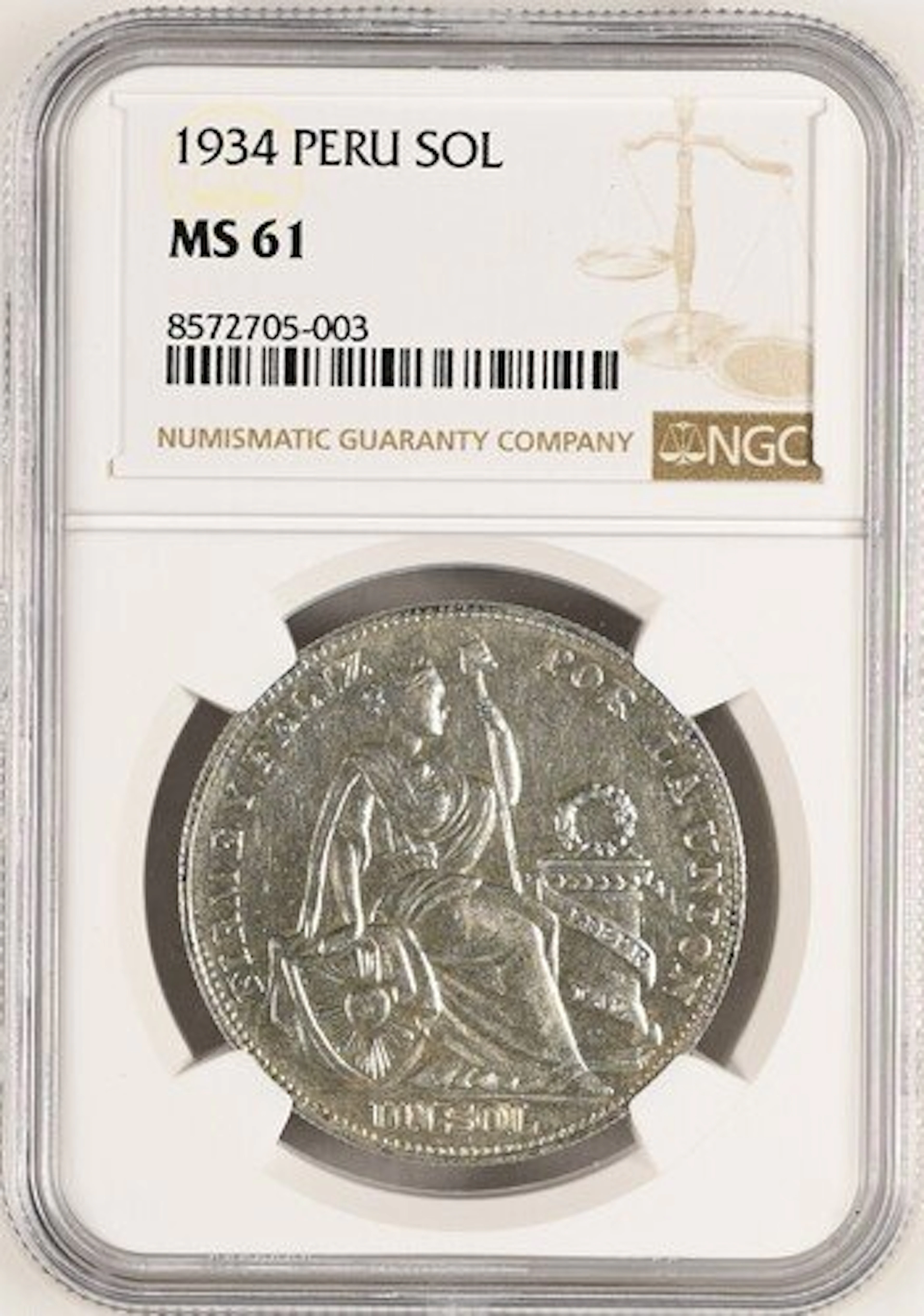 Peru. 1 Sol 1934 Lima NGC MS61 (No reserve price)
