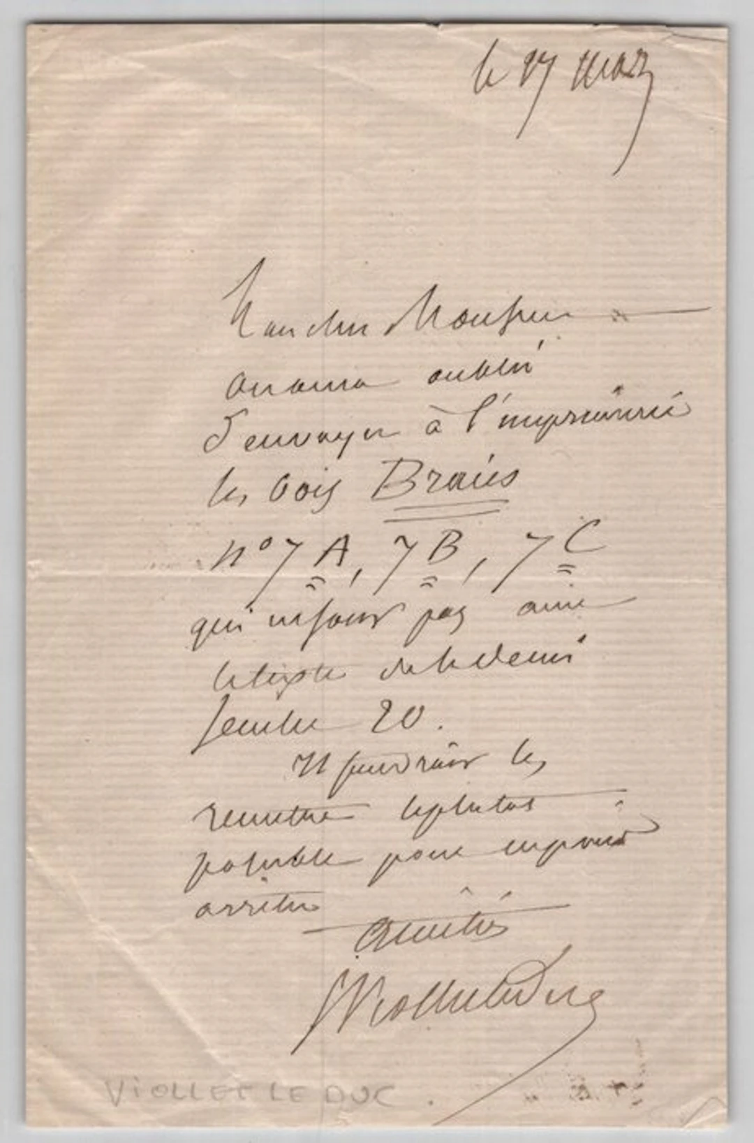 Eugène Viollet-le-Duc - Lettre autographe signée évoquant...