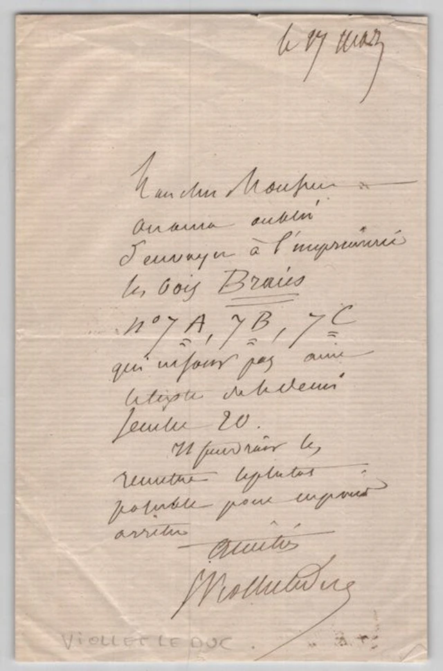 Eugène Viollet-le-Duc - Lettre autographe signée évoquant...