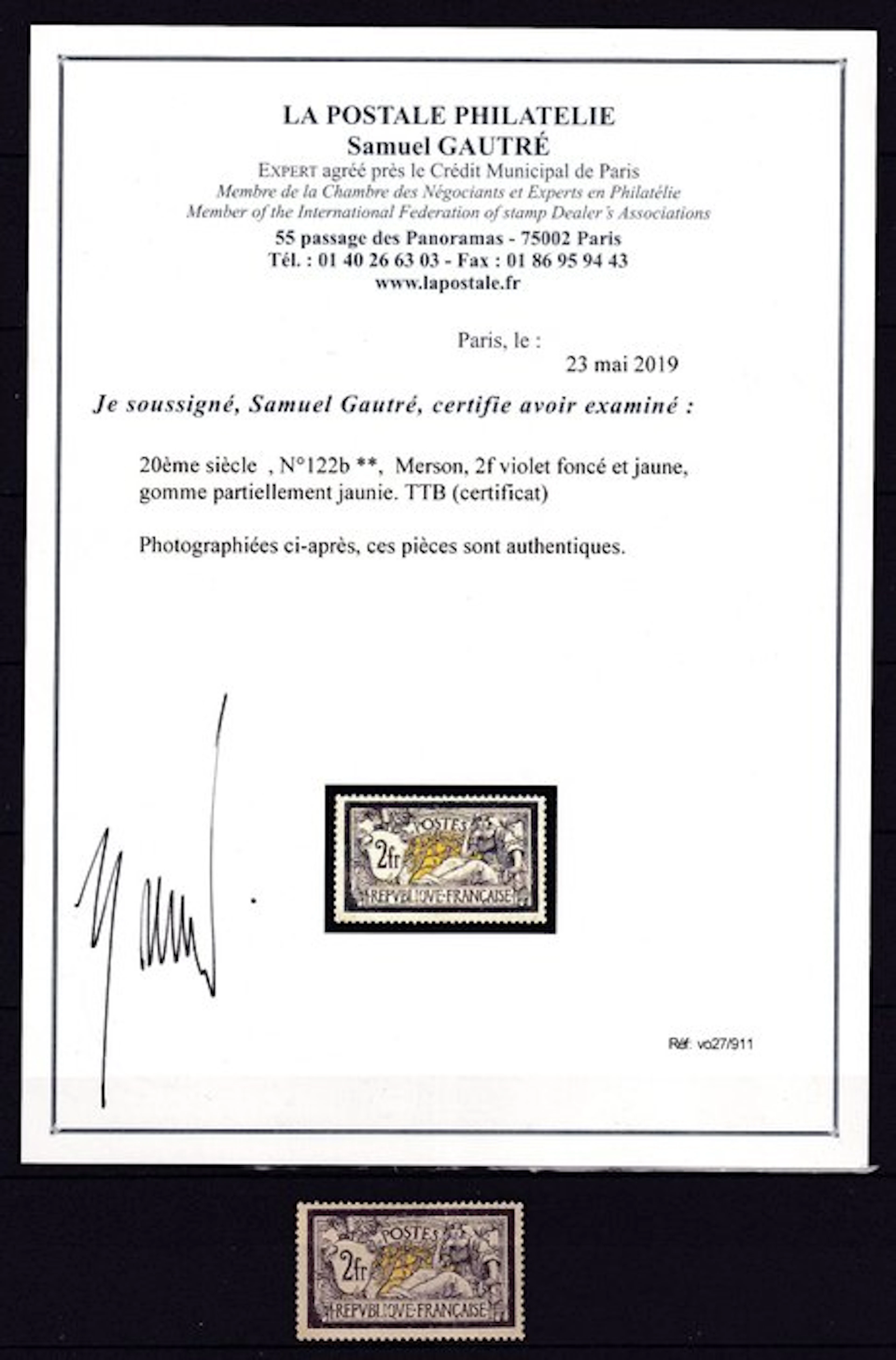 France 1900 - With La Postale Certificate, Merson - Yvert n°122B