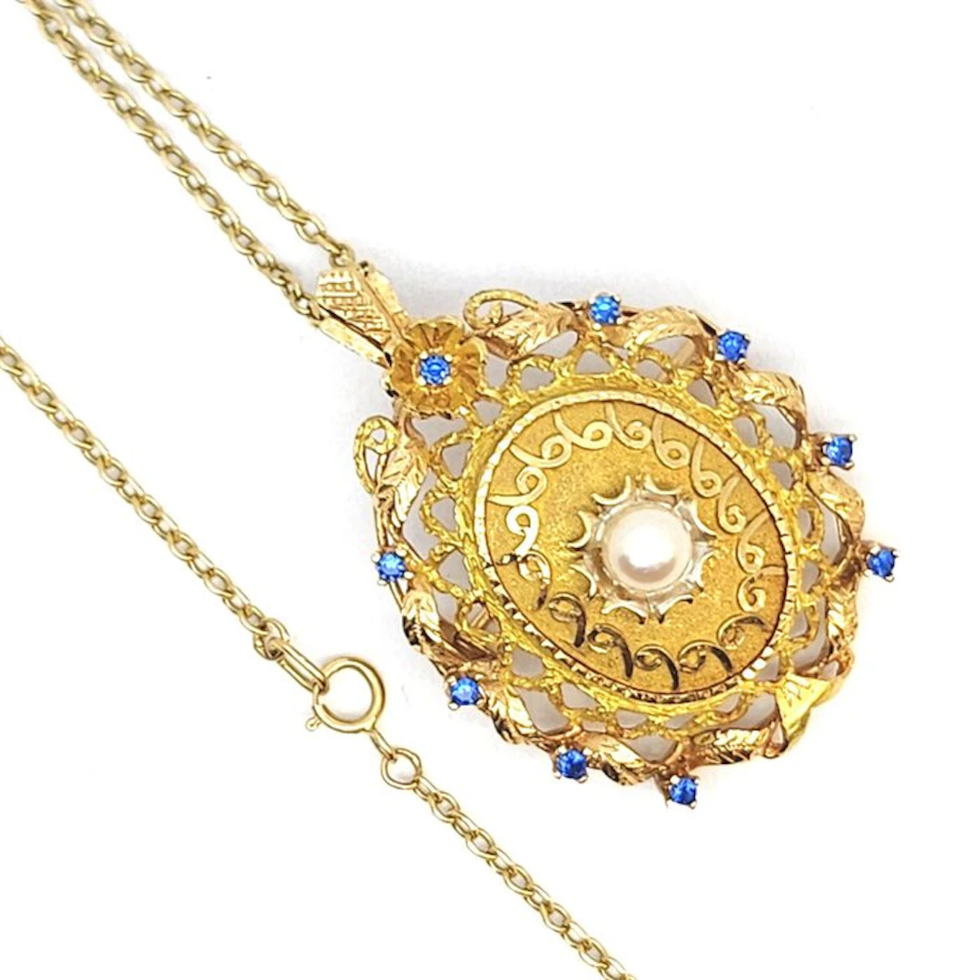 Pendant - 18 kt. Yellow gold Pearl - Sapphire