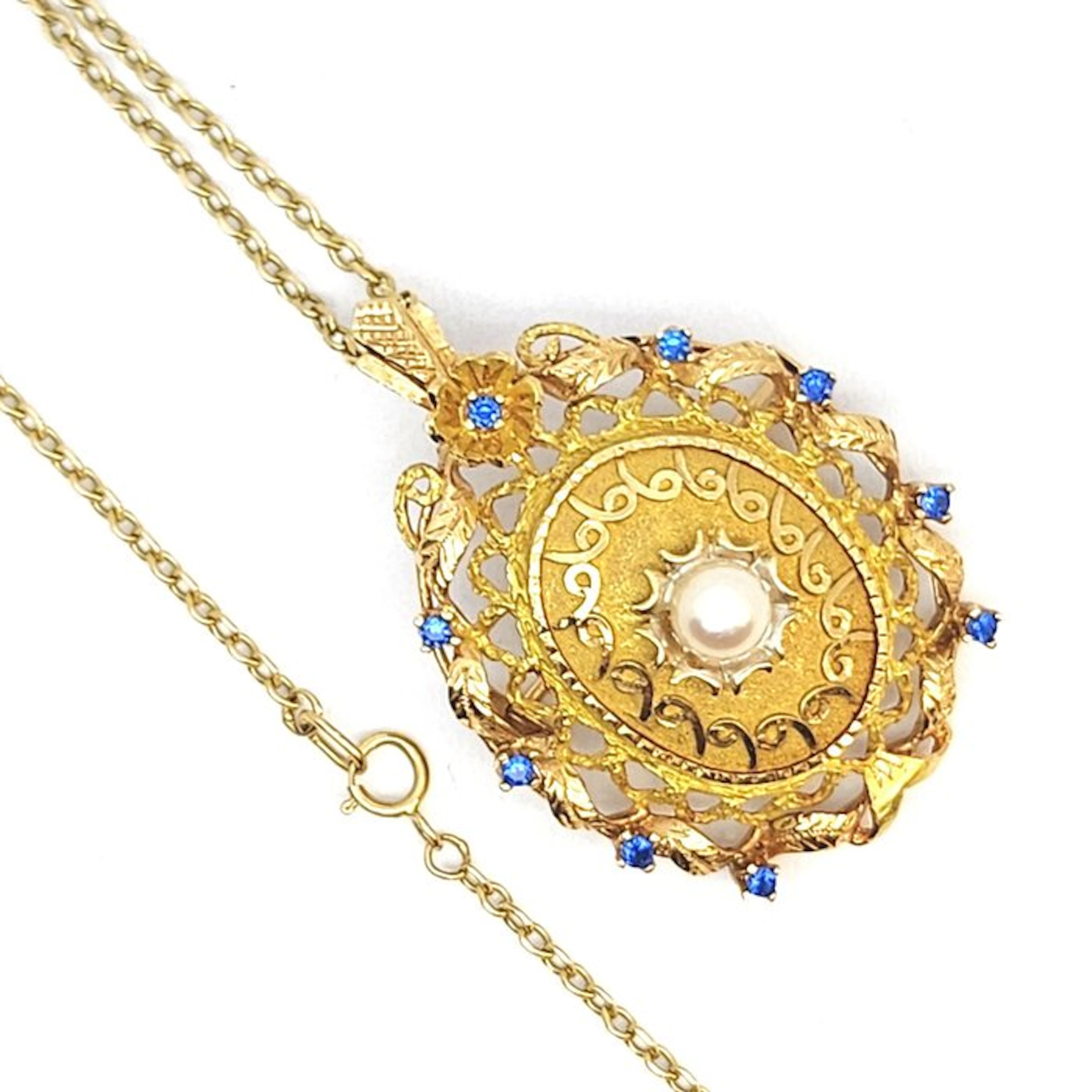 Pendant - 18 kt. Yellow gold Pearl - Sapphire