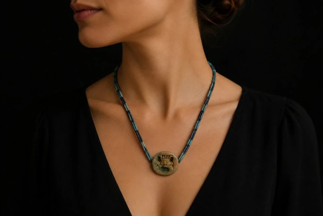 Ancient Egypt Faience Necklace with amulet of the god Bes - 4.2 cm