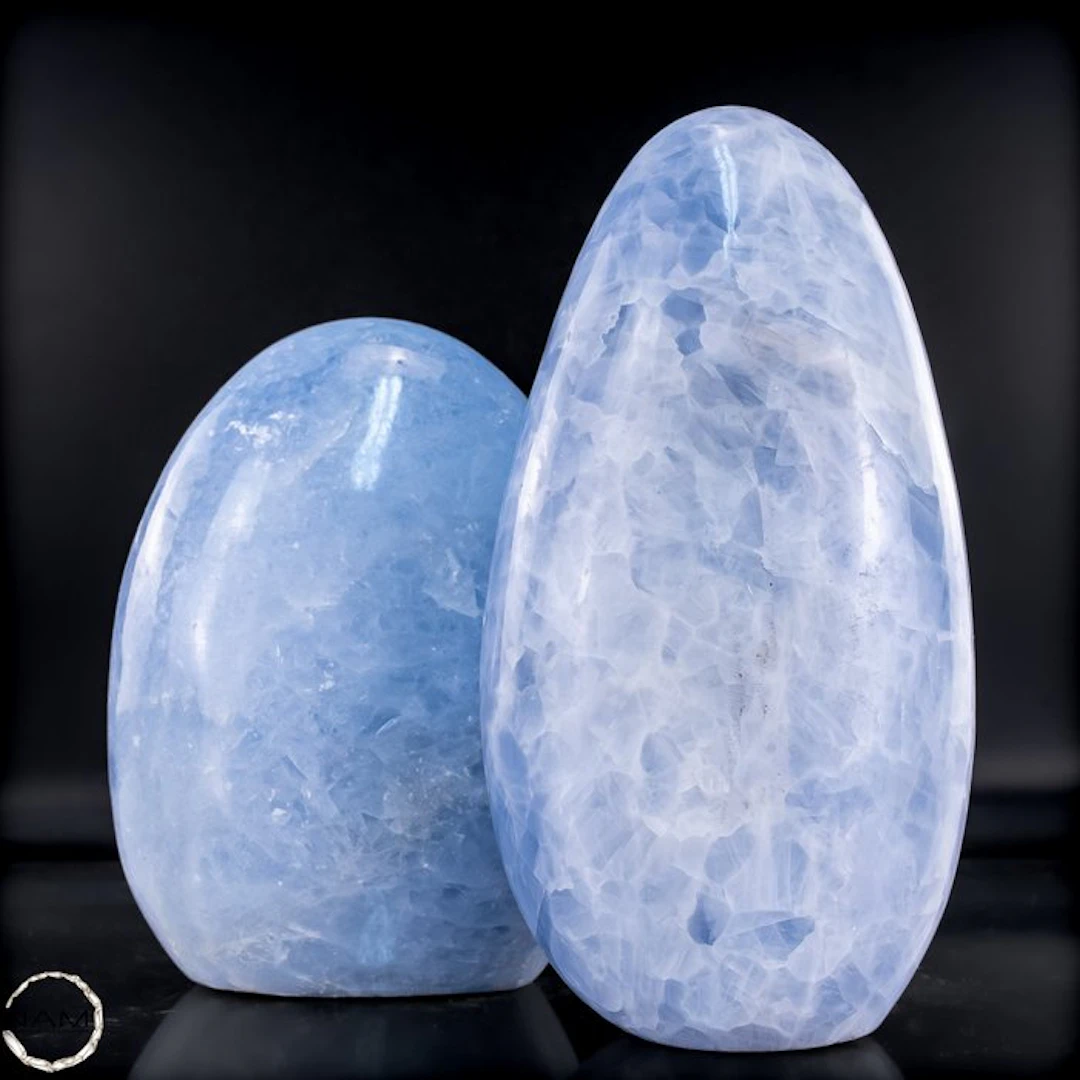 Rare natural blue calcite sphere set – 2 hand-polished...