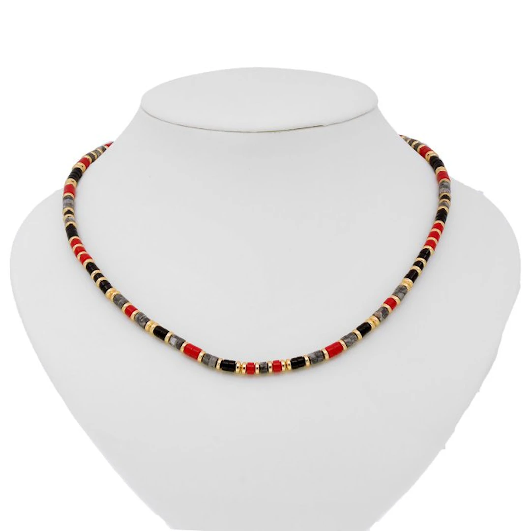 Mixed gemstones - Silver - Necklace - Coral - Jasper - Onyx