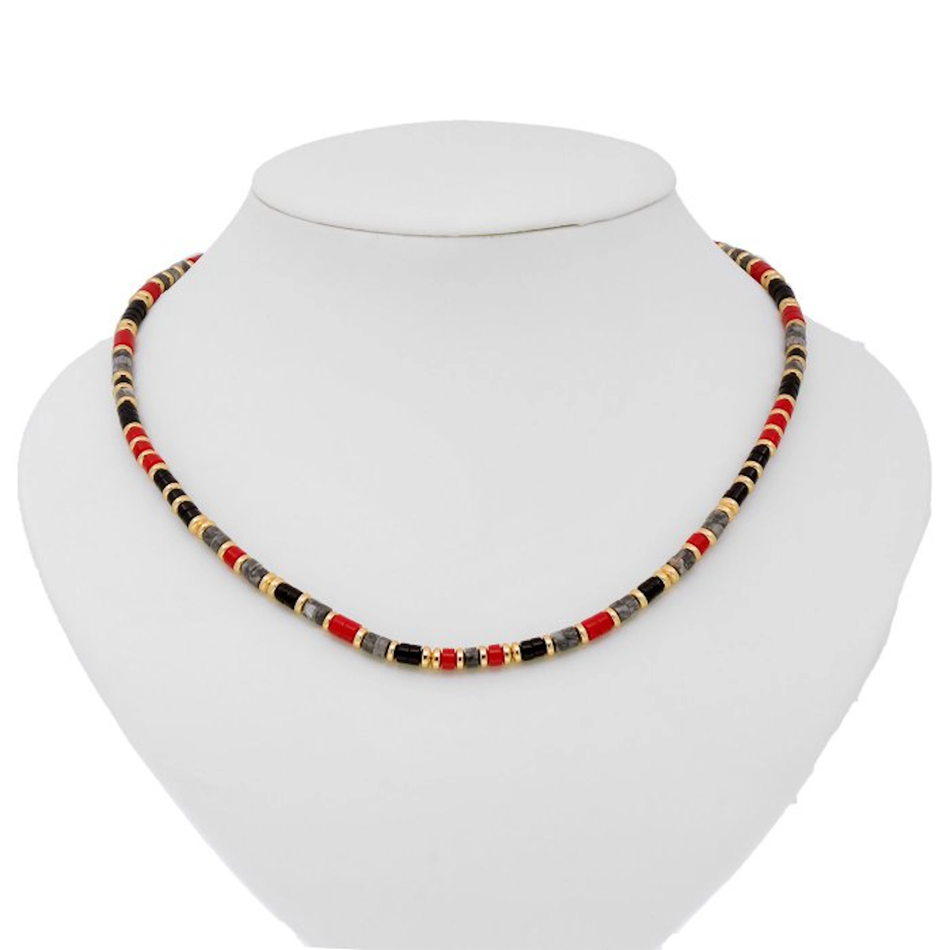 Mixed gemstones - Silver - Necklace - Coral - Jasper - Onyx