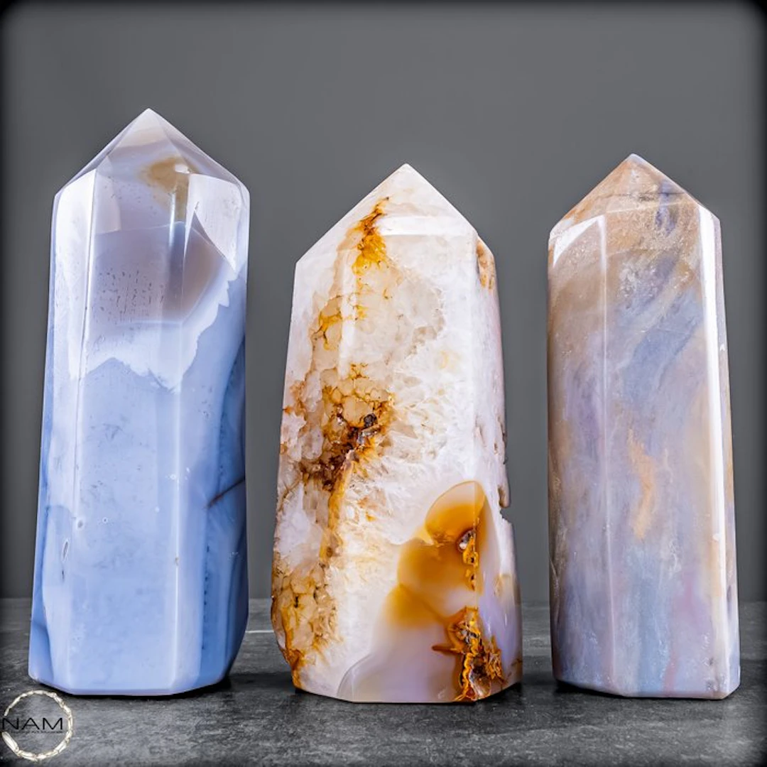 Exceptional 3-piece Ocean Jasper obelisk set – large...