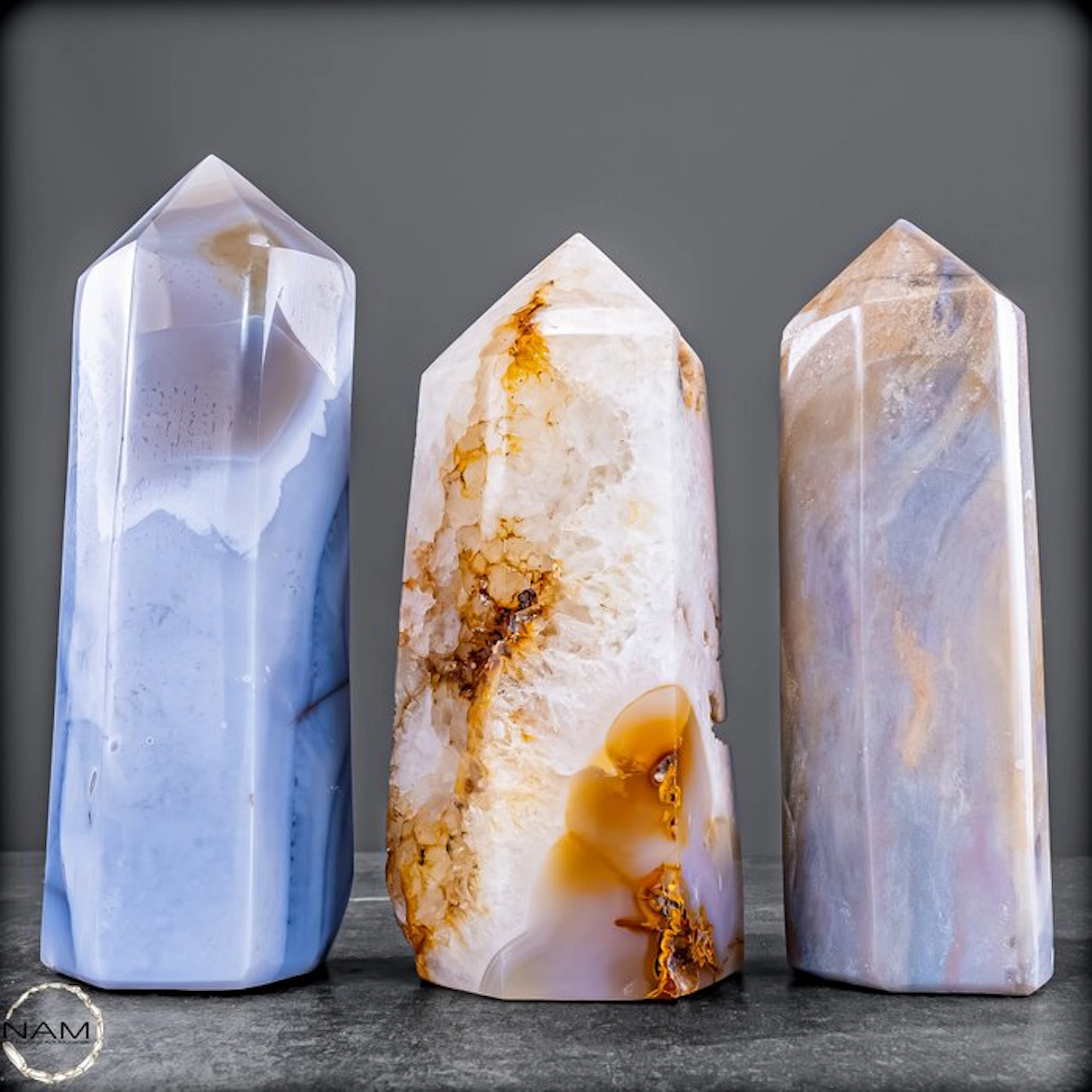 Exceptional 3-piece Ocean Jasper obelisk set – large...