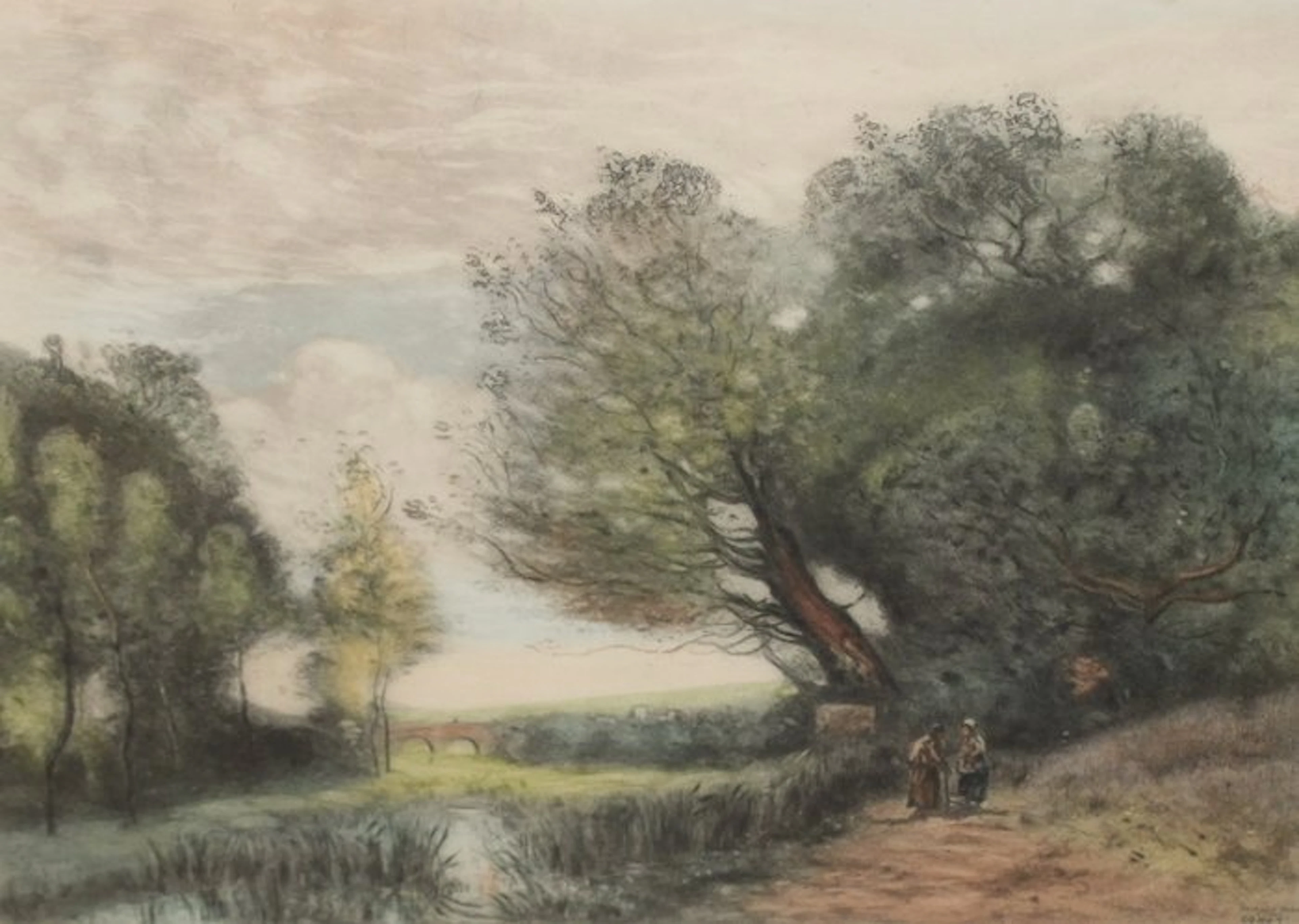 Richard Ranft (1862-1931) - Paysage avec pont et personnages (D'apres Corot)