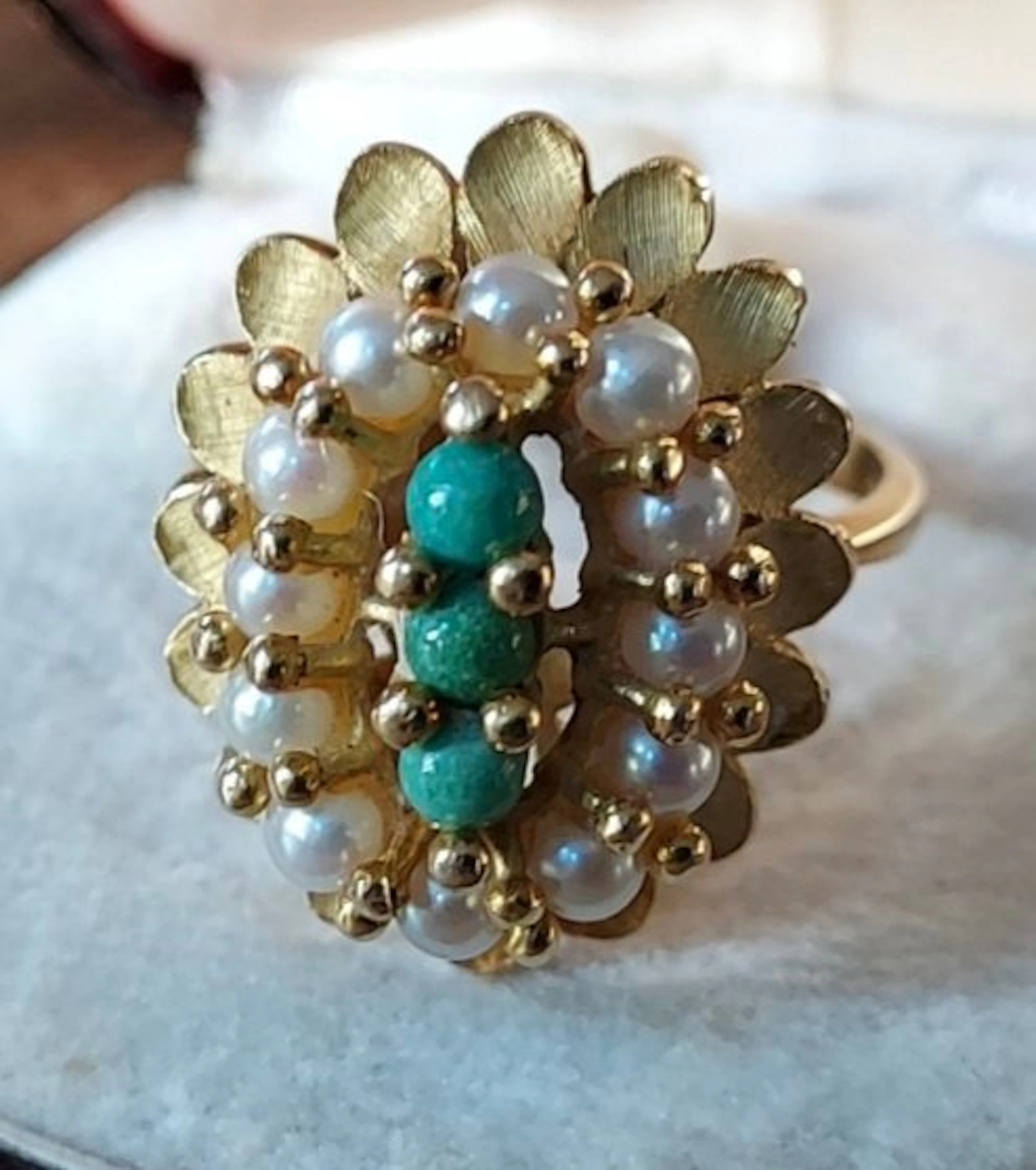 Ring - 18 kt. Yellow gold Pearl - Turquoise - Gregory Jewelry
