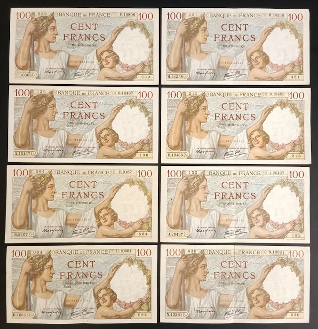 France. - 8 x 100 Francs - 1940/1941 (No reserve price)