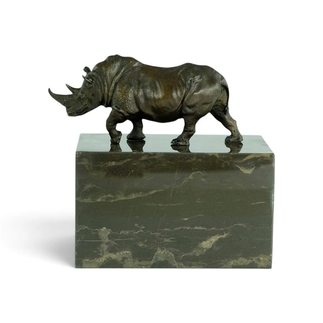 Sculpture, Walking Rhino - 13 cm - Bronze, Marble