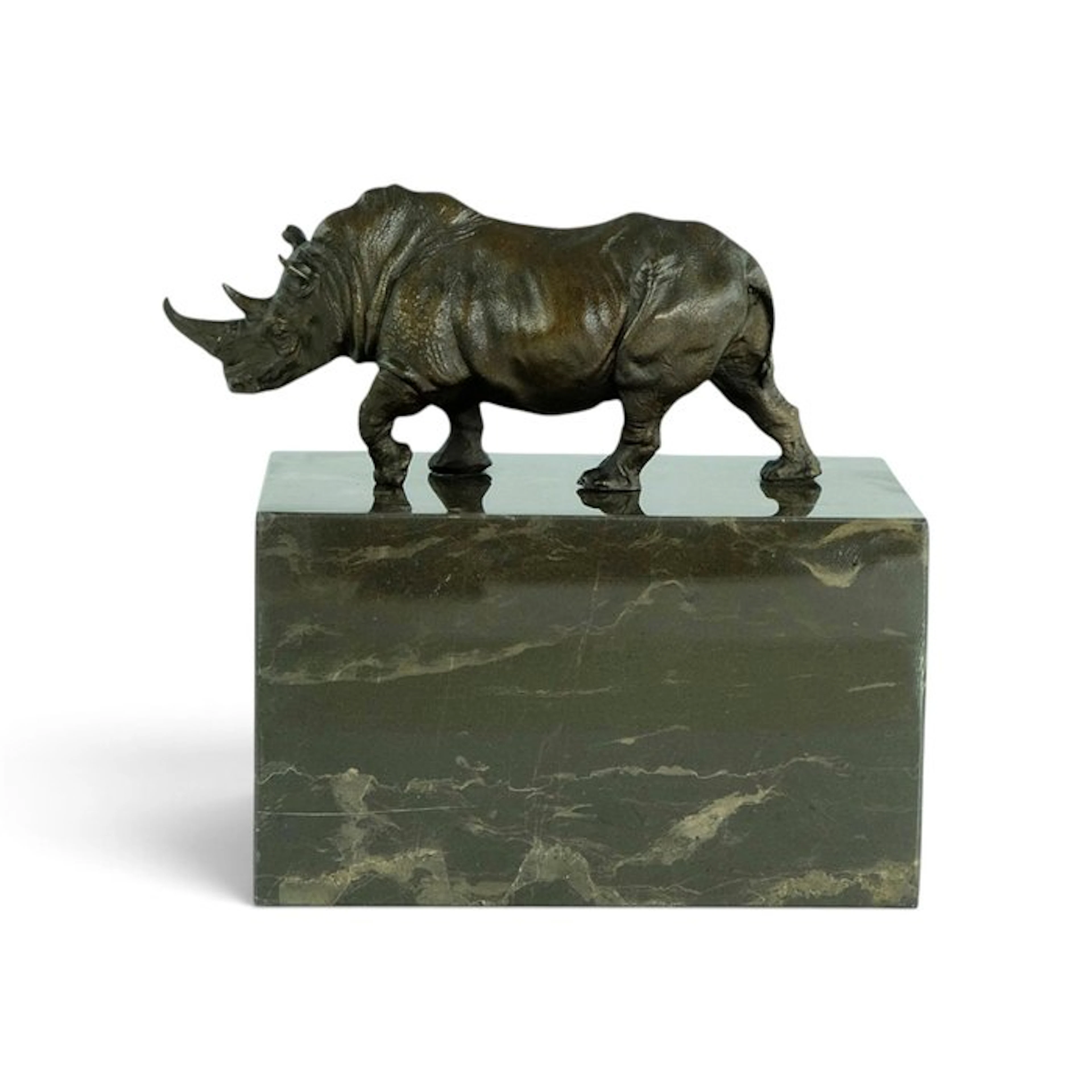 Sculpture, Walking Rhino - 13 cm - Bronze, Marble