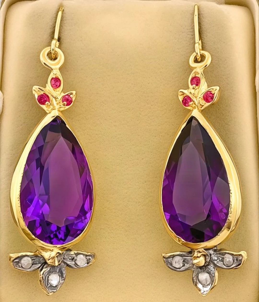 No reserve price - Earrings - 9 kt. Yellow gold, Silver Amethyst - Diamond