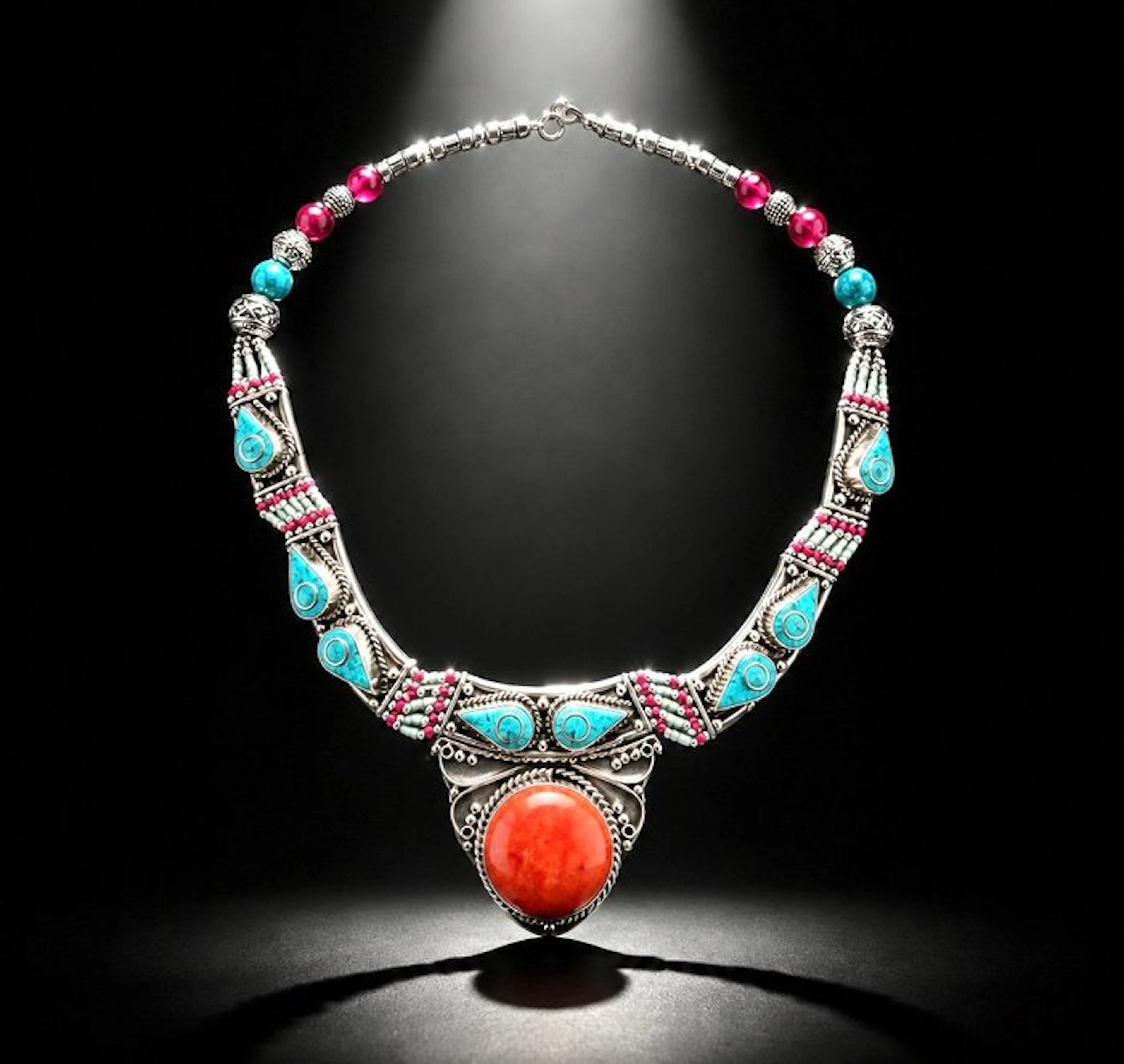 Turquoise, coral - vintage Tibetan silver - Necklace