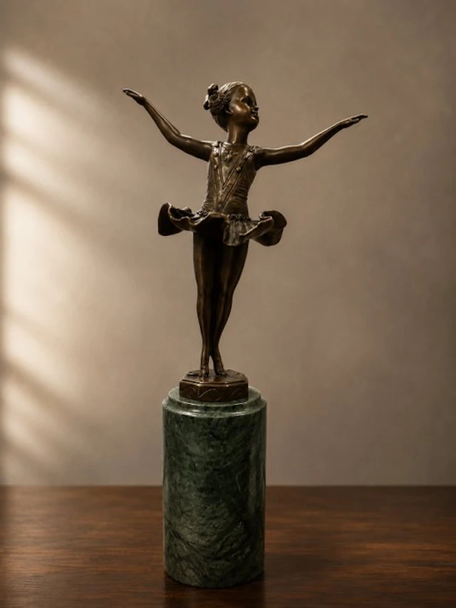 Sculpture, Art Deco ballerina – groen marmeren sokkel - 31.8 cm -