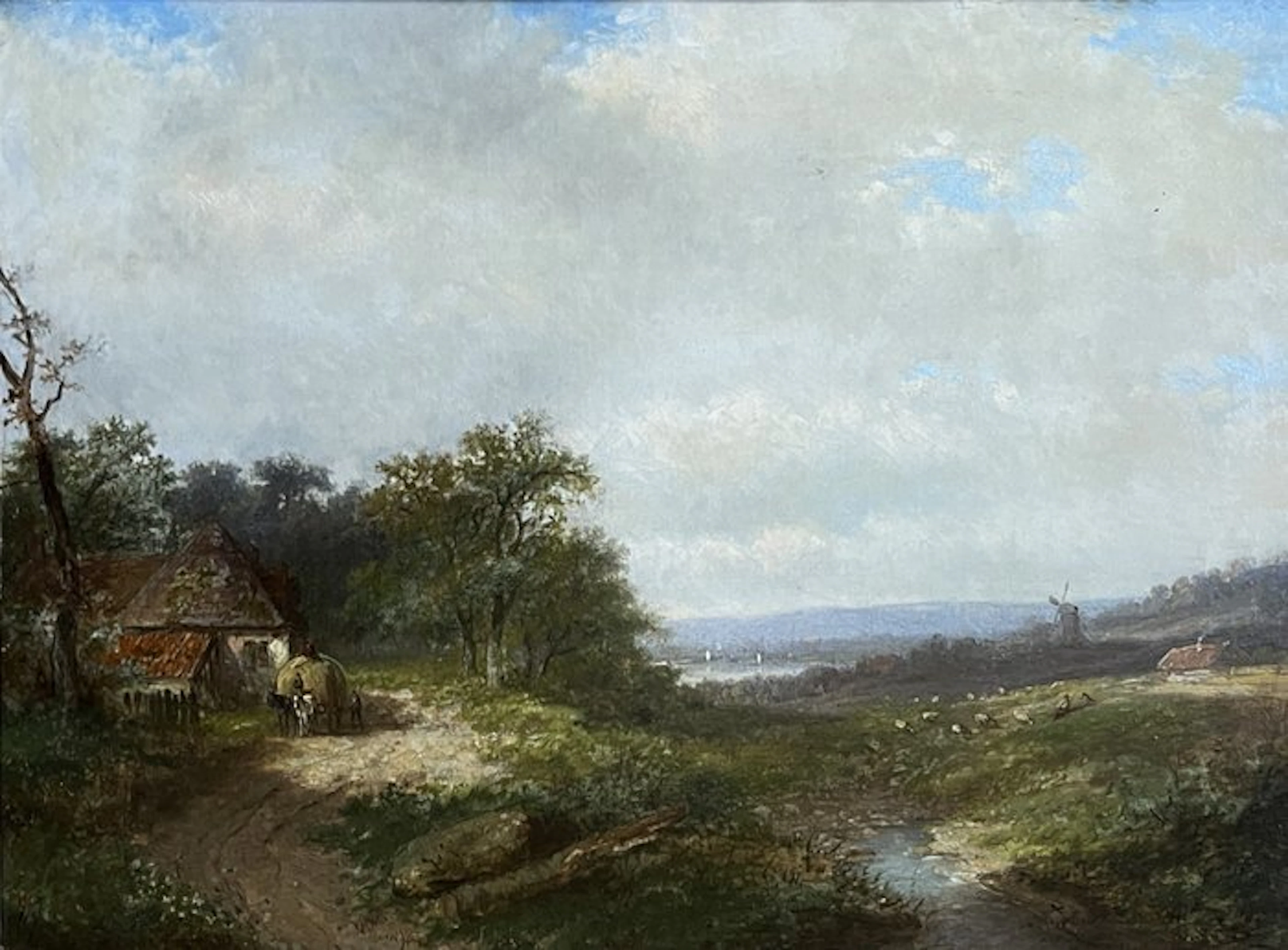 Jan Evert Morel (1835 - 1905) - Weids landschap met hooiwagen bij een hoeve