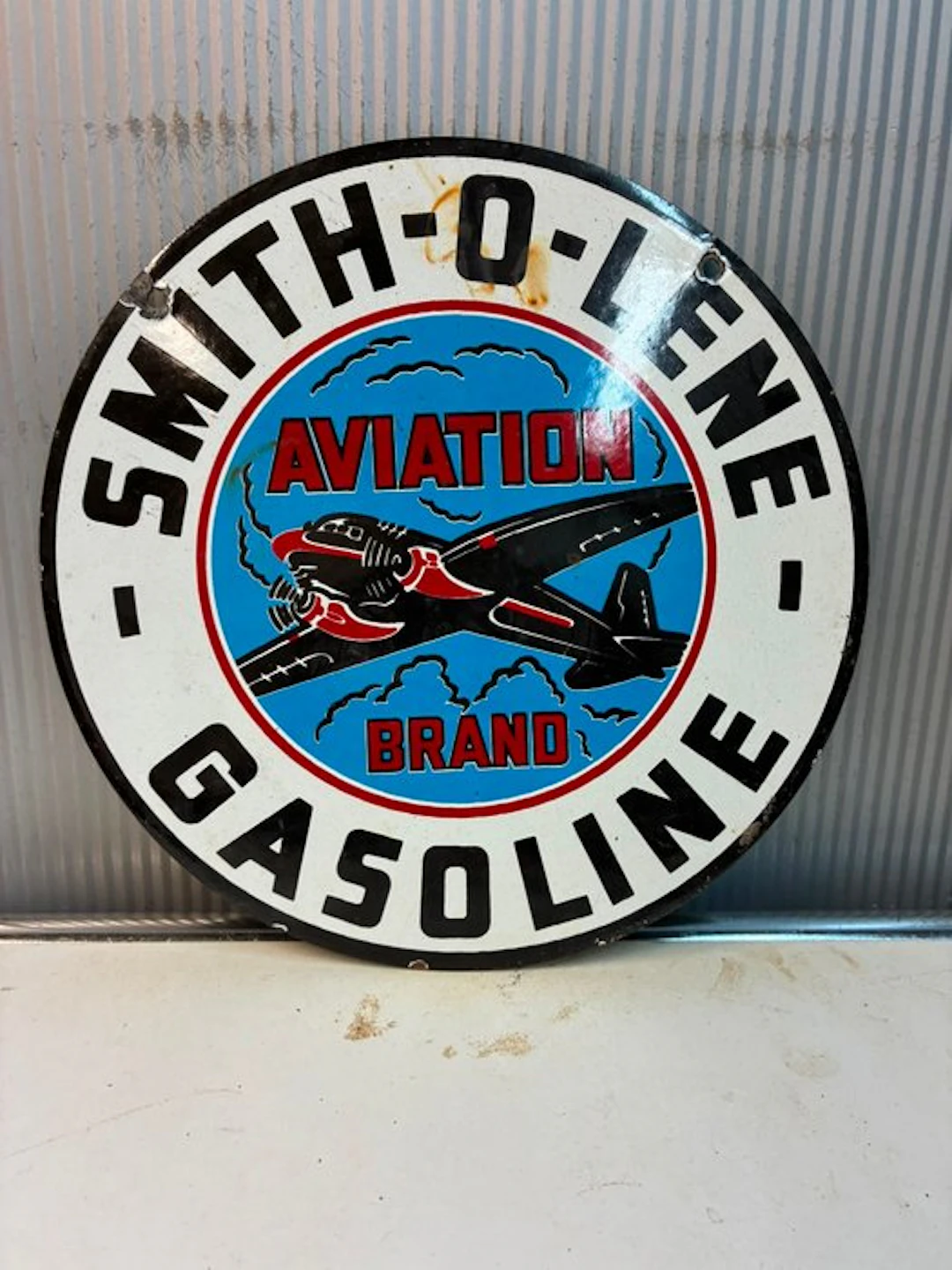 Vintage Smith-O-Lene Aviation Gasoline Sign – Round Metal...