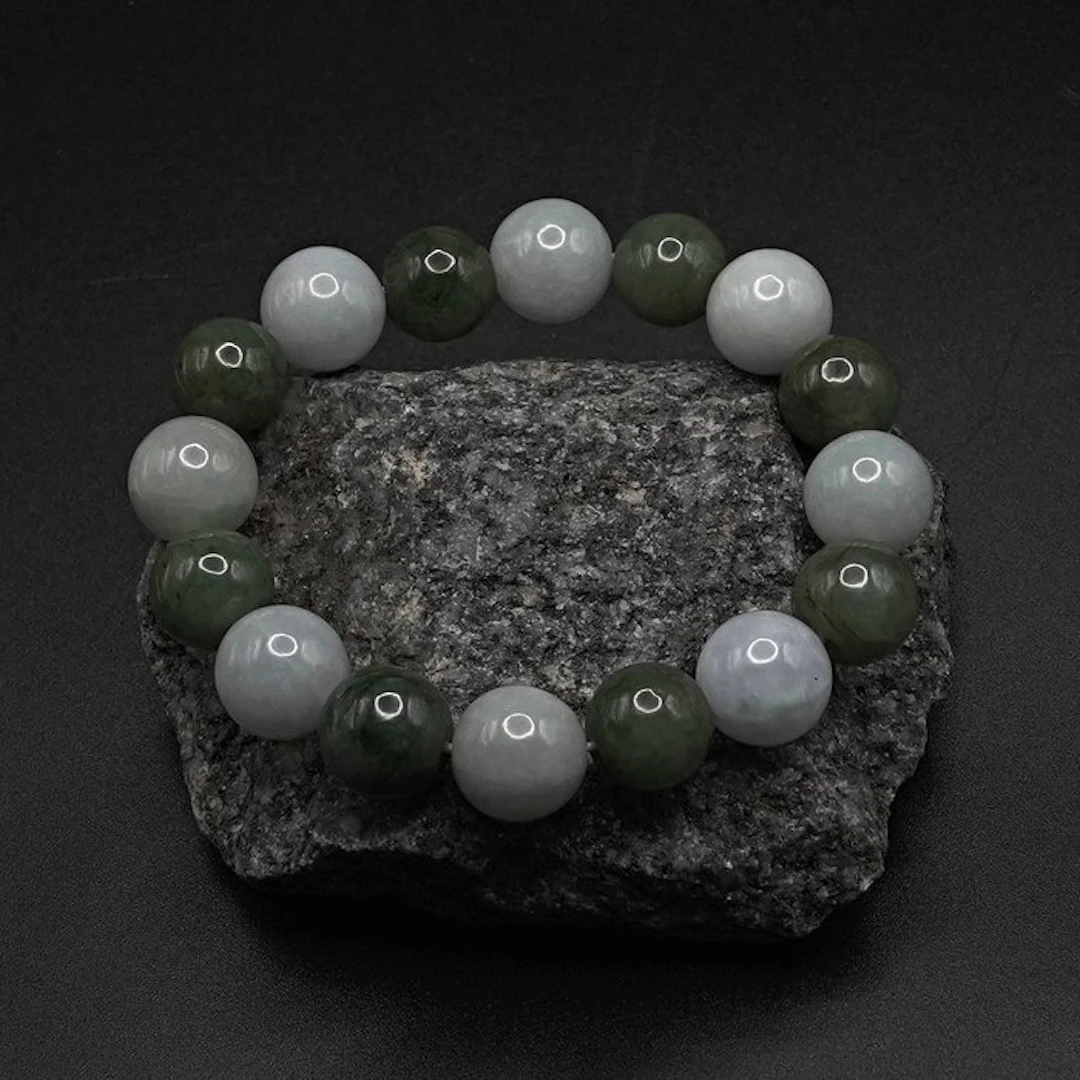 NGTC Certified Natural Jadeite Bracelet - Polished Green and White Beads