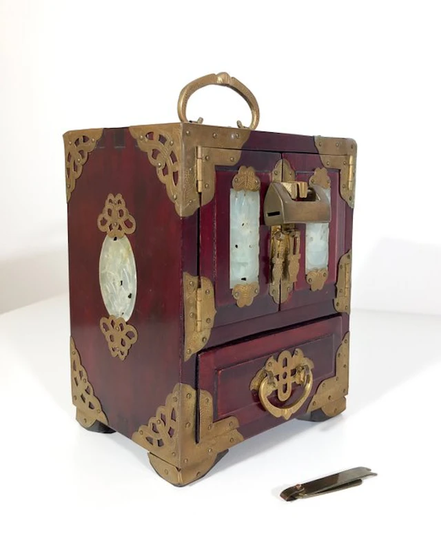 Jewellery box - Wood, Giada, Brass - vintage artistic cabinet