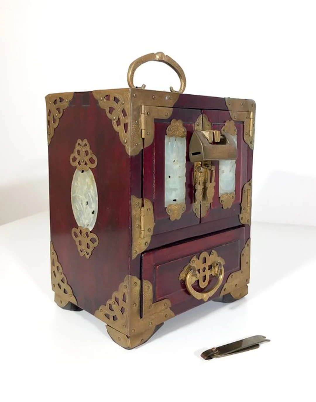 Jewellery box - Wood, Giada, Brass - vintage artistic cabinet