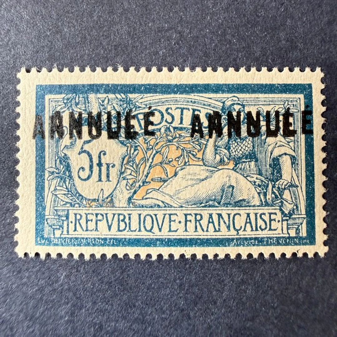 France - Instruction sheet Yvert 123 "Merson 5fr" surcharge doubled in nine **