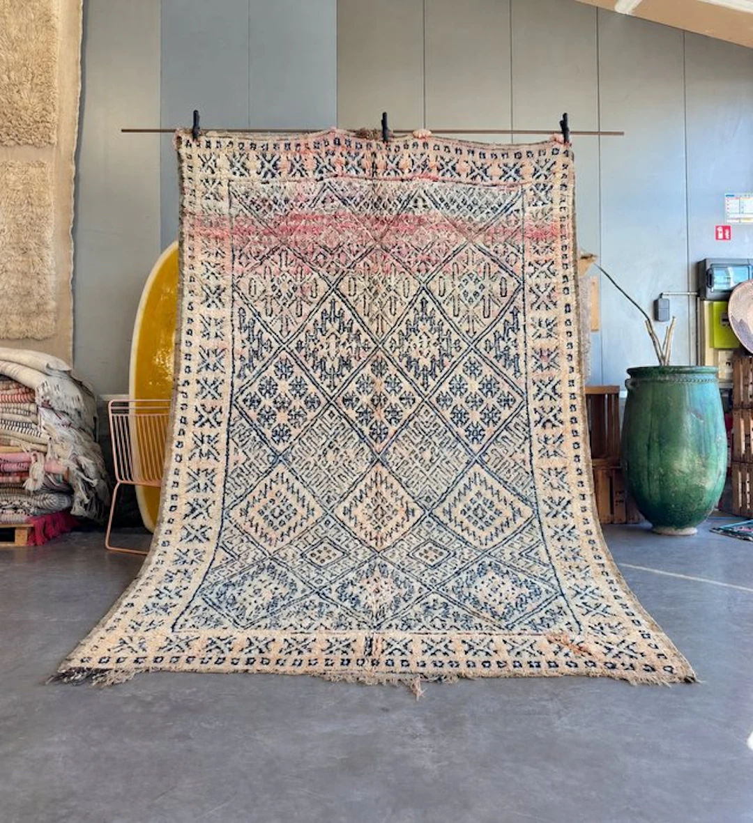 Moroccan Berber Rug – Ivory Wool – Blue Geometric Motifs...