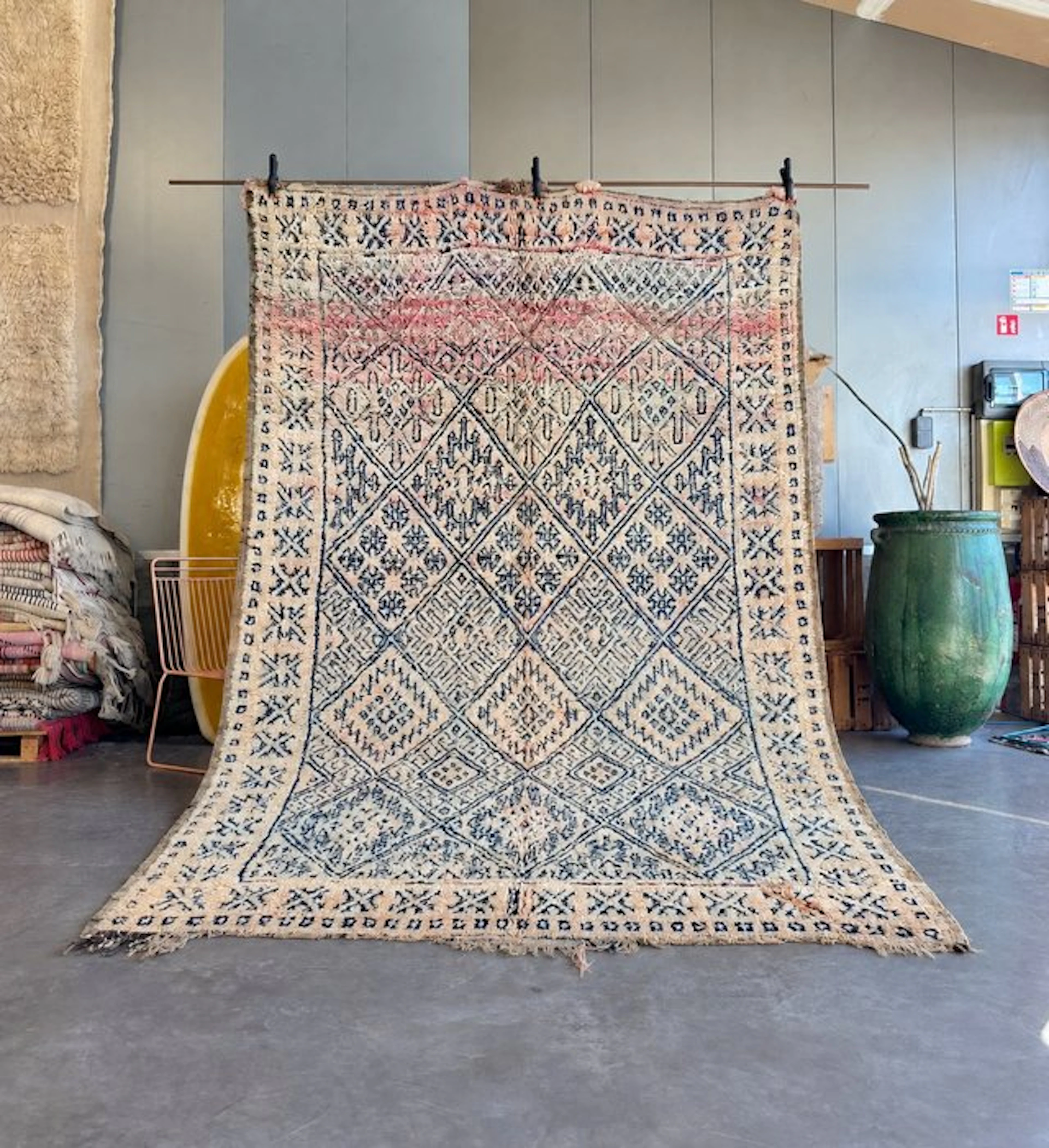 Moroccan Berber Rug – Ivory Wool – Blue Geometric Motifs...