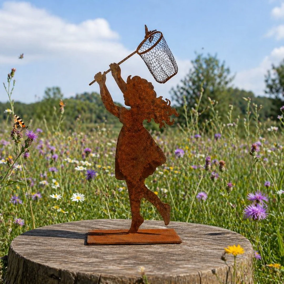 Statue, garden statue silhouette of girl with butterfly net - 69 cm - Steel