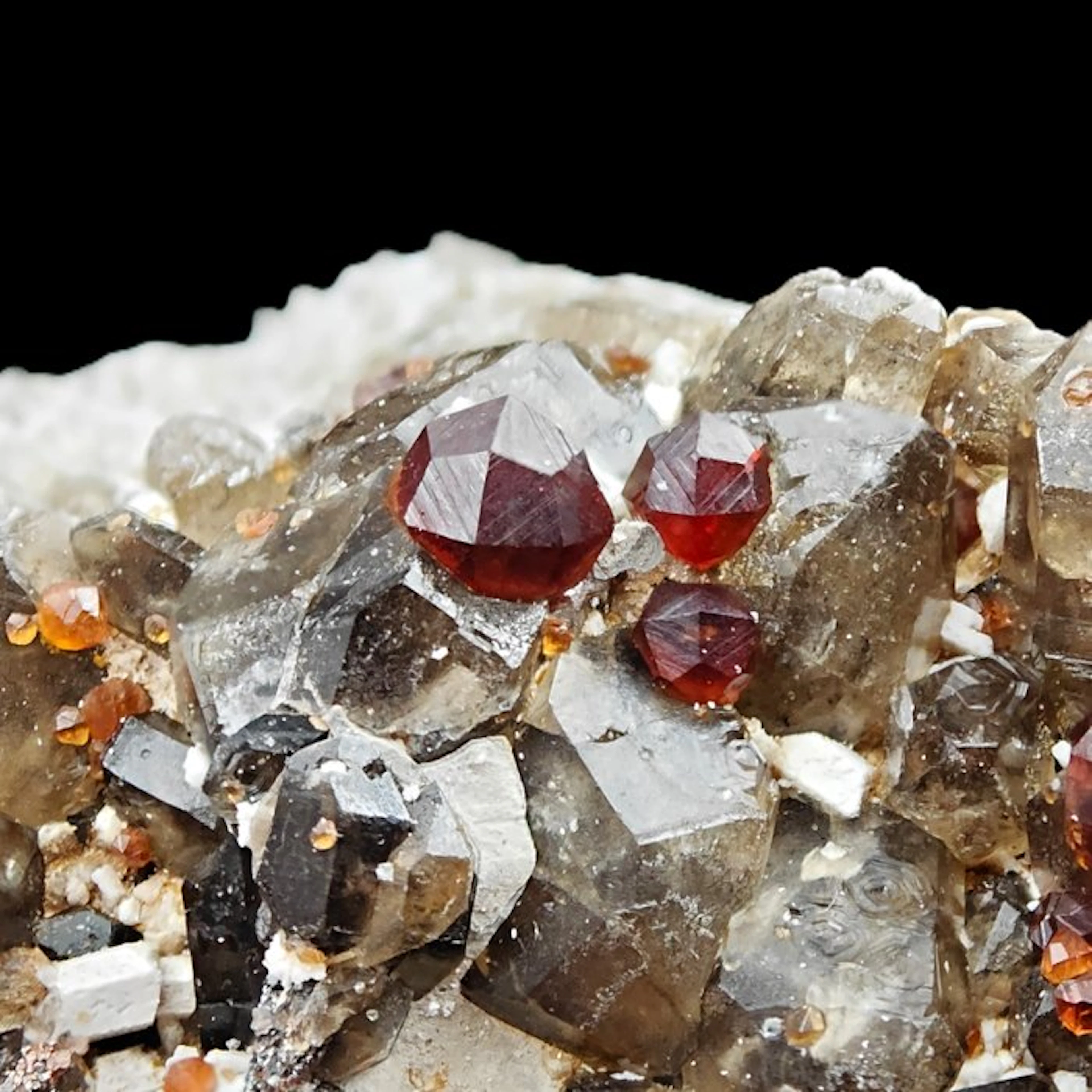 COARSE RED AND ORANGE SPESSARTINE with QUARTZ Crystals on...