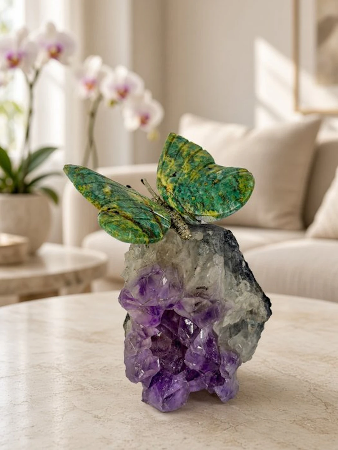 Hand-carved onyx butterfly on amethyst cluster — no...
