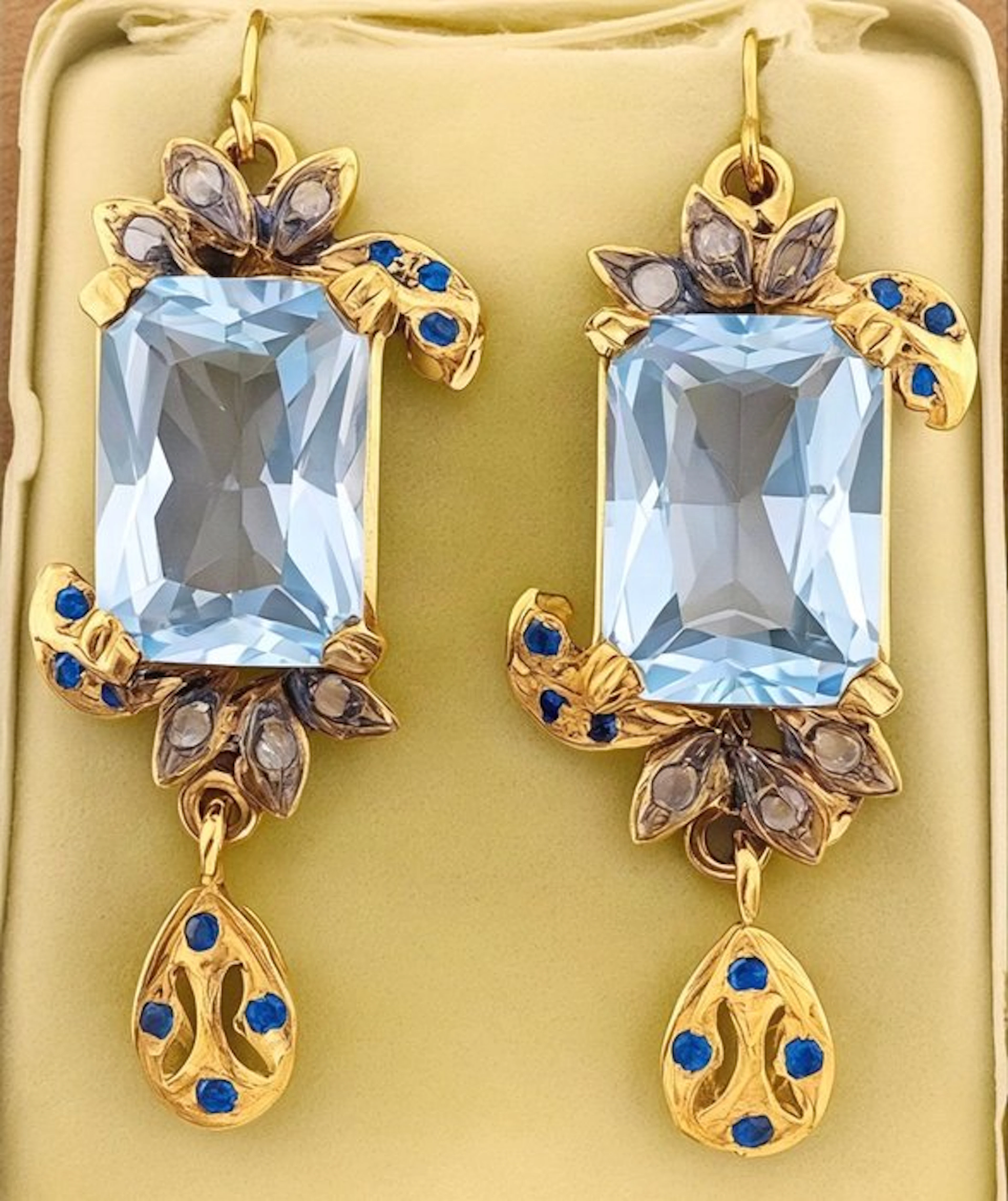 No reserve price - Earrings - 9 kt. Yellow gold, Silver Aquamarine - Diamond