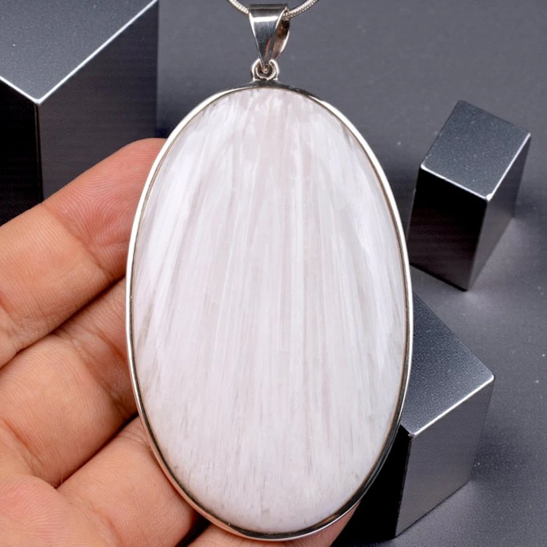 White Scolecite Silver Pendant - Rare Natural Zeolite...