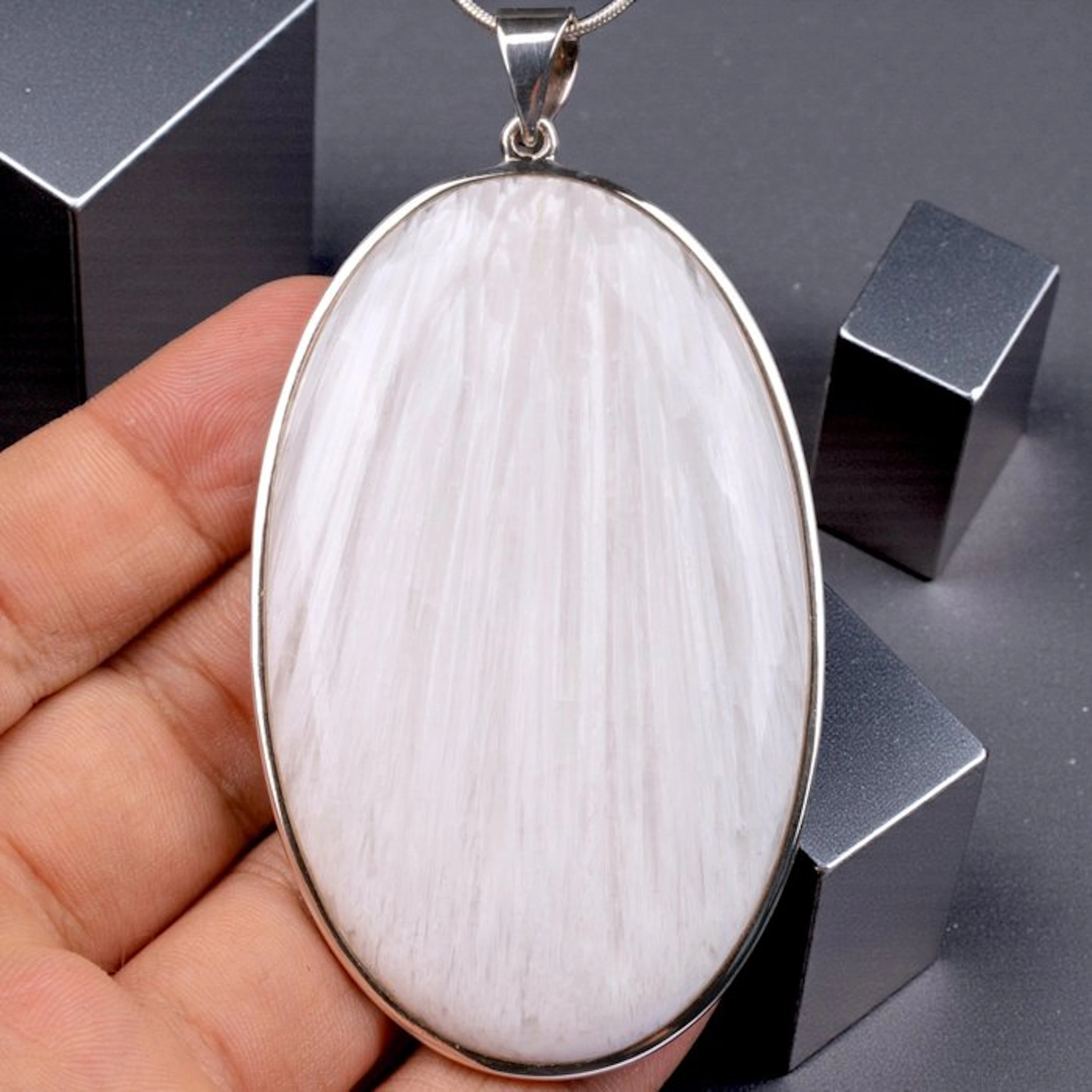 White Scolecite Silver Pendant - Rare Natural Zeolite...