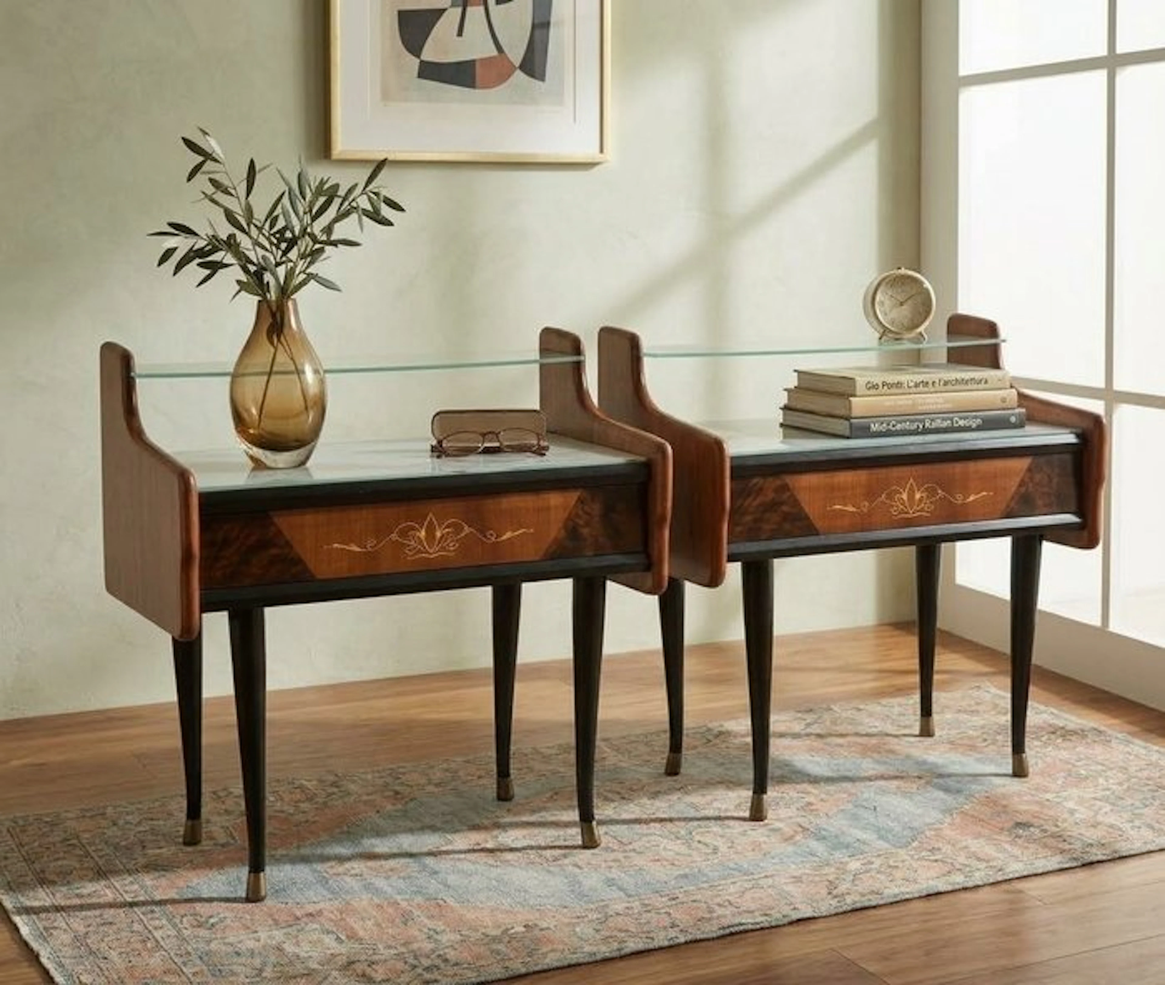 Nightstand (2) - Wood, Glass, Brass - 1950s top quality