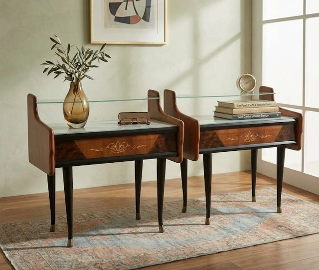 Nightstand (2) - Wood, Glass, Brass - 1950s top quality