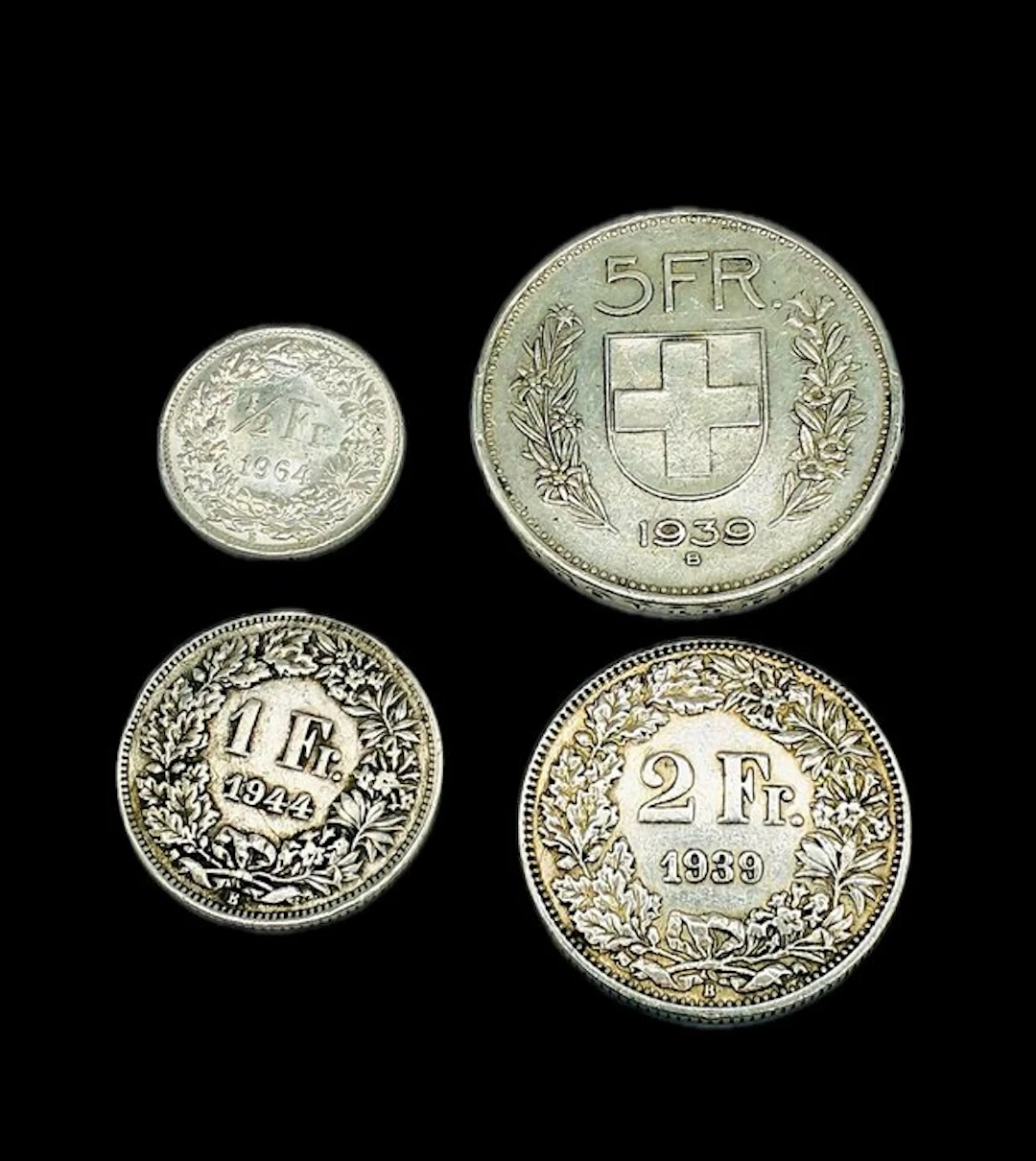 Switzerland. Set of 4 coins: 1/2, 1, 2, 5 Francs 1939/1964 (No reserve price)