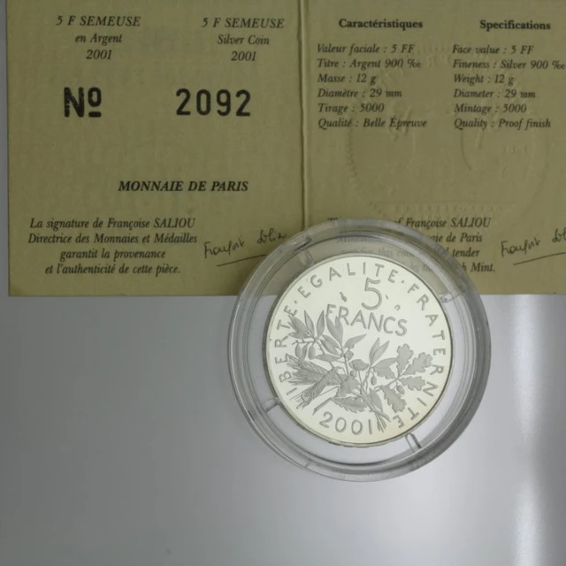 France. 5 Francs 2001 Semeuse. BE en argent (No reserve price)