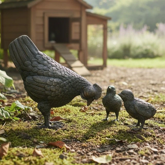 Sculpture, Hen with Chicks - 32 cm in length - 21 cm - Bronze