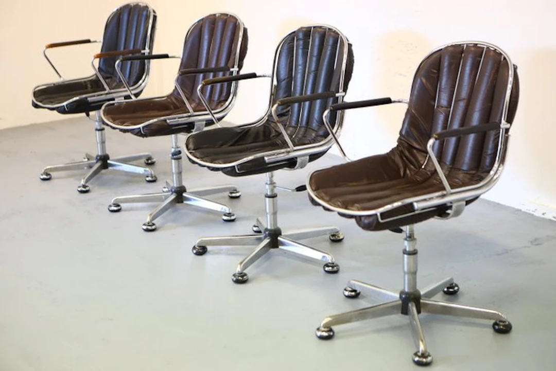 Chair - Leather, Steel, Chrome - Set of four vintage chairs
