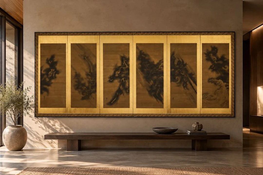 A six-panel folding screen with dragons amid clouds